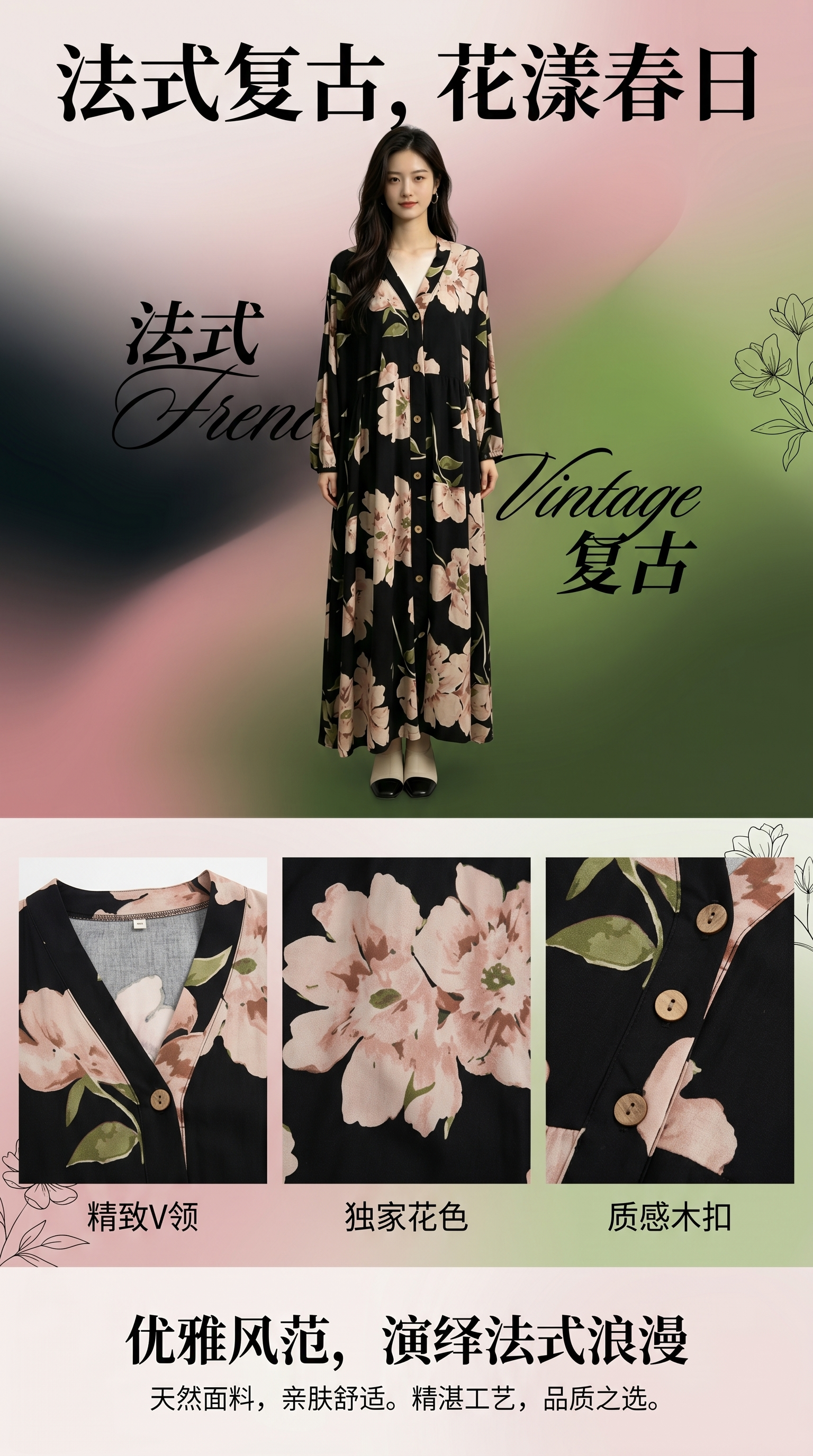 Black floral pattern long dress for women's home wear, slimming and elegant dress, pajamas for women's summer pic 1