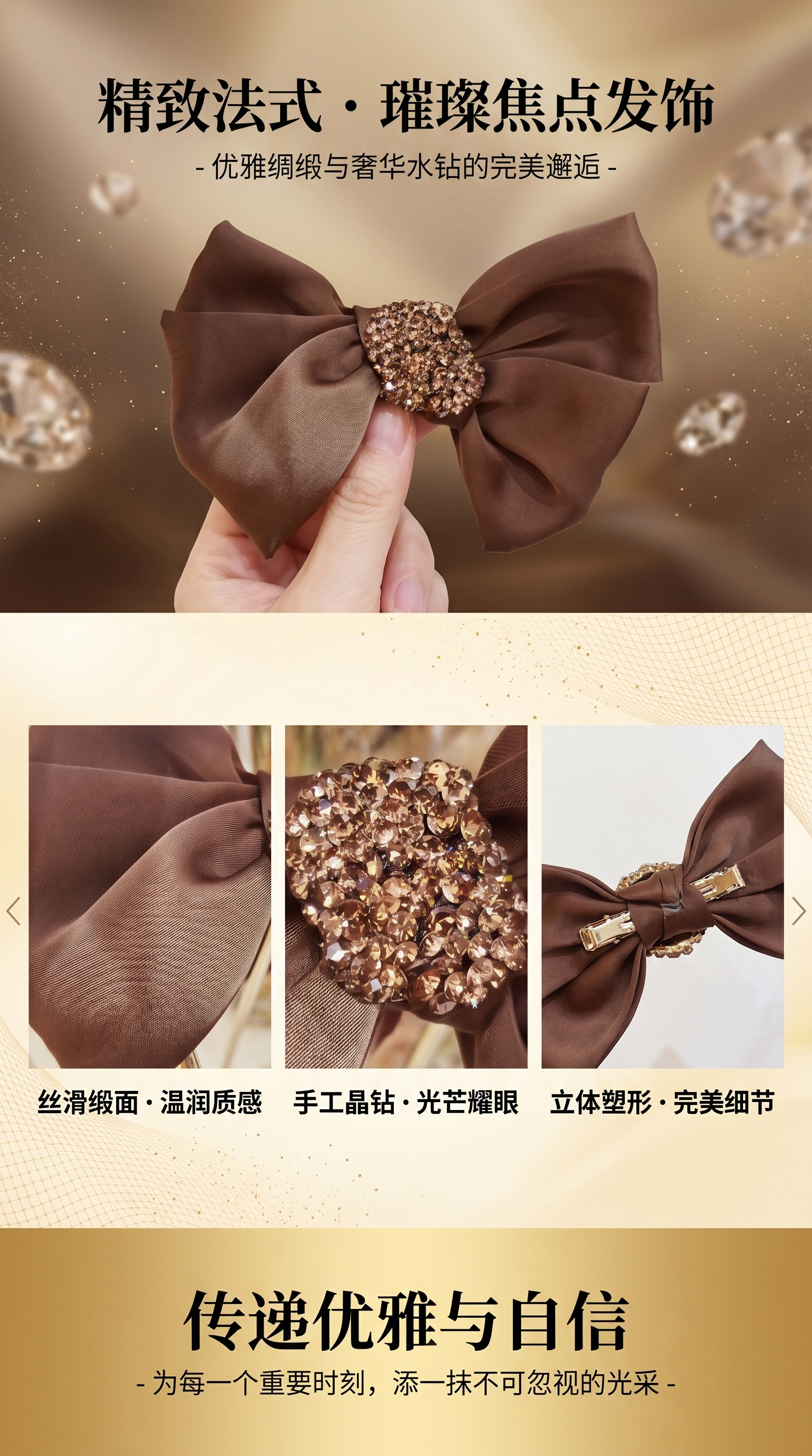 棕色蝴蝶结发饰 甜美复古女式发卡发夹头饰详情1