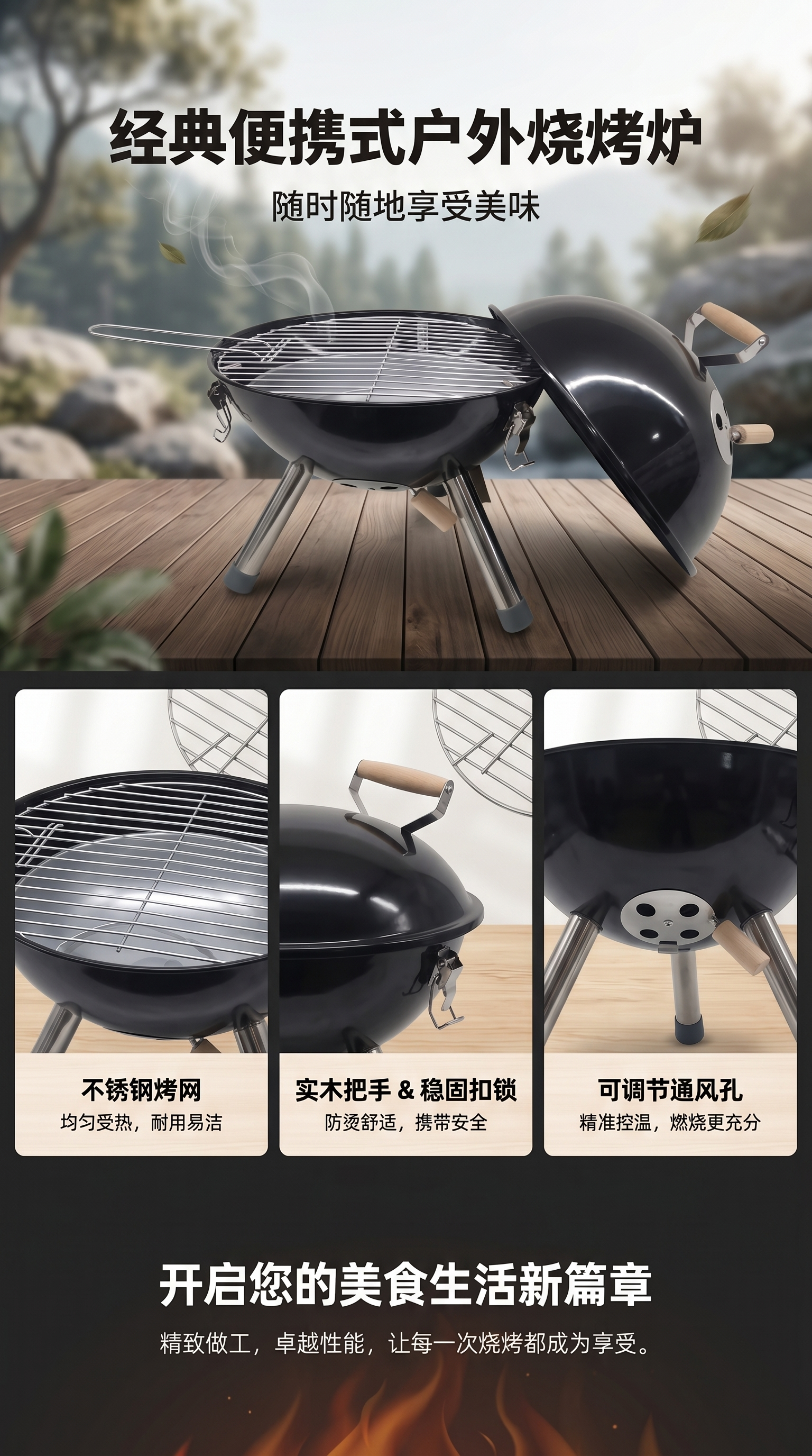 黑色圆形烧烤炉主体便携式户外野炊用详情1