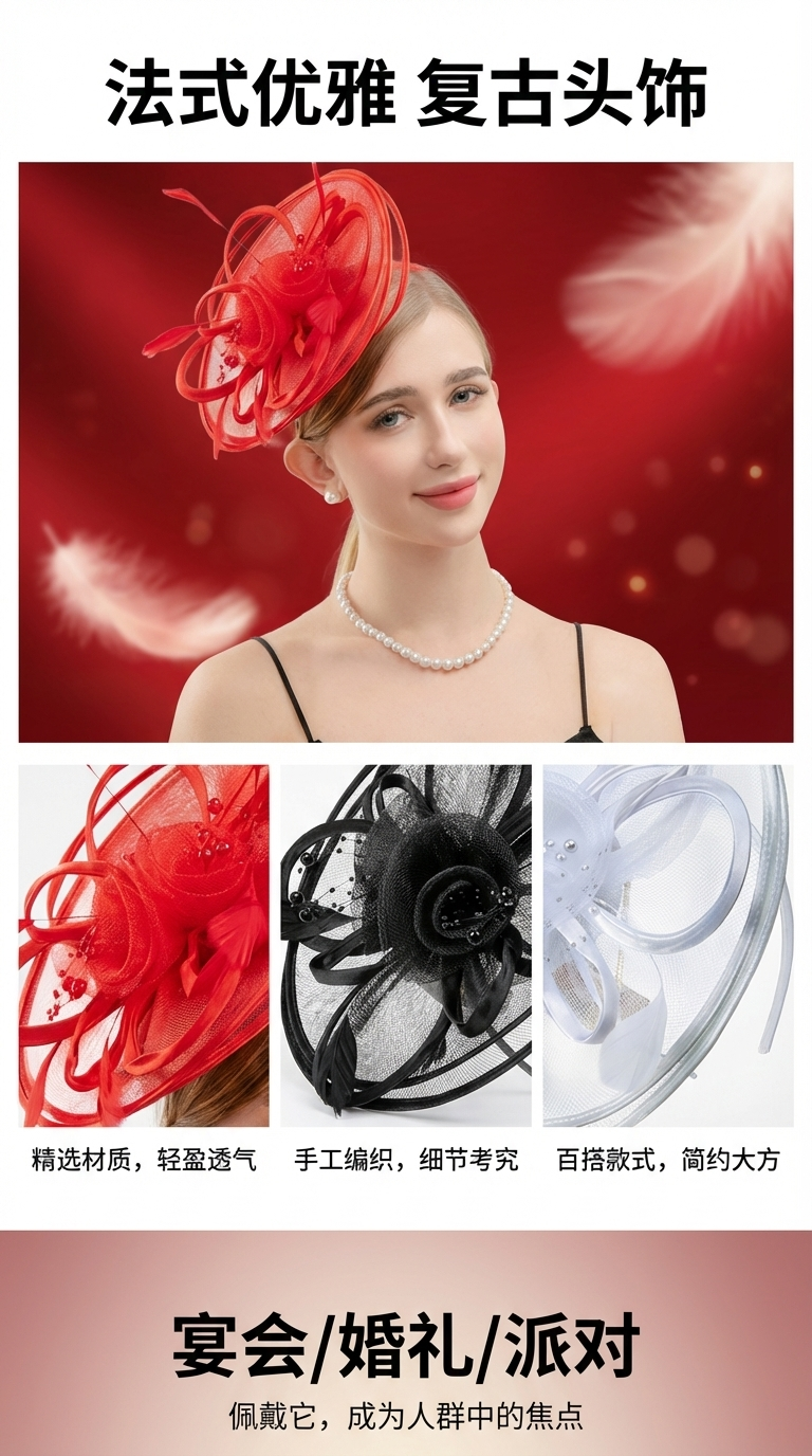 1pcs复古网纱面纱礼帽德比帽适用于下午茶赛马会婚礼教堂万圣节带发箍和夹子详情1