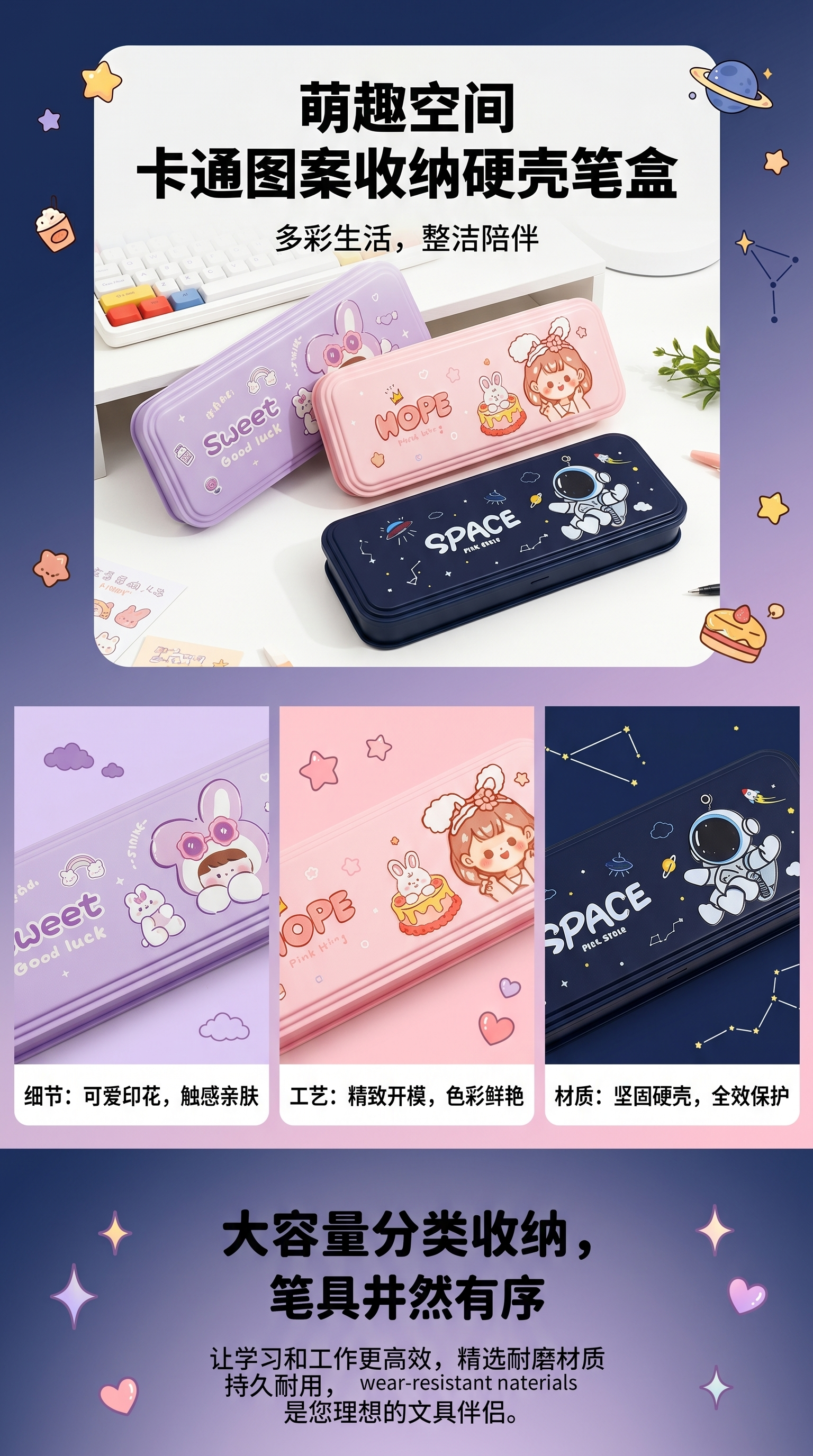 卡通图案收纳硬壳笔盒学生文具可爱便携书包用笔盒详情1