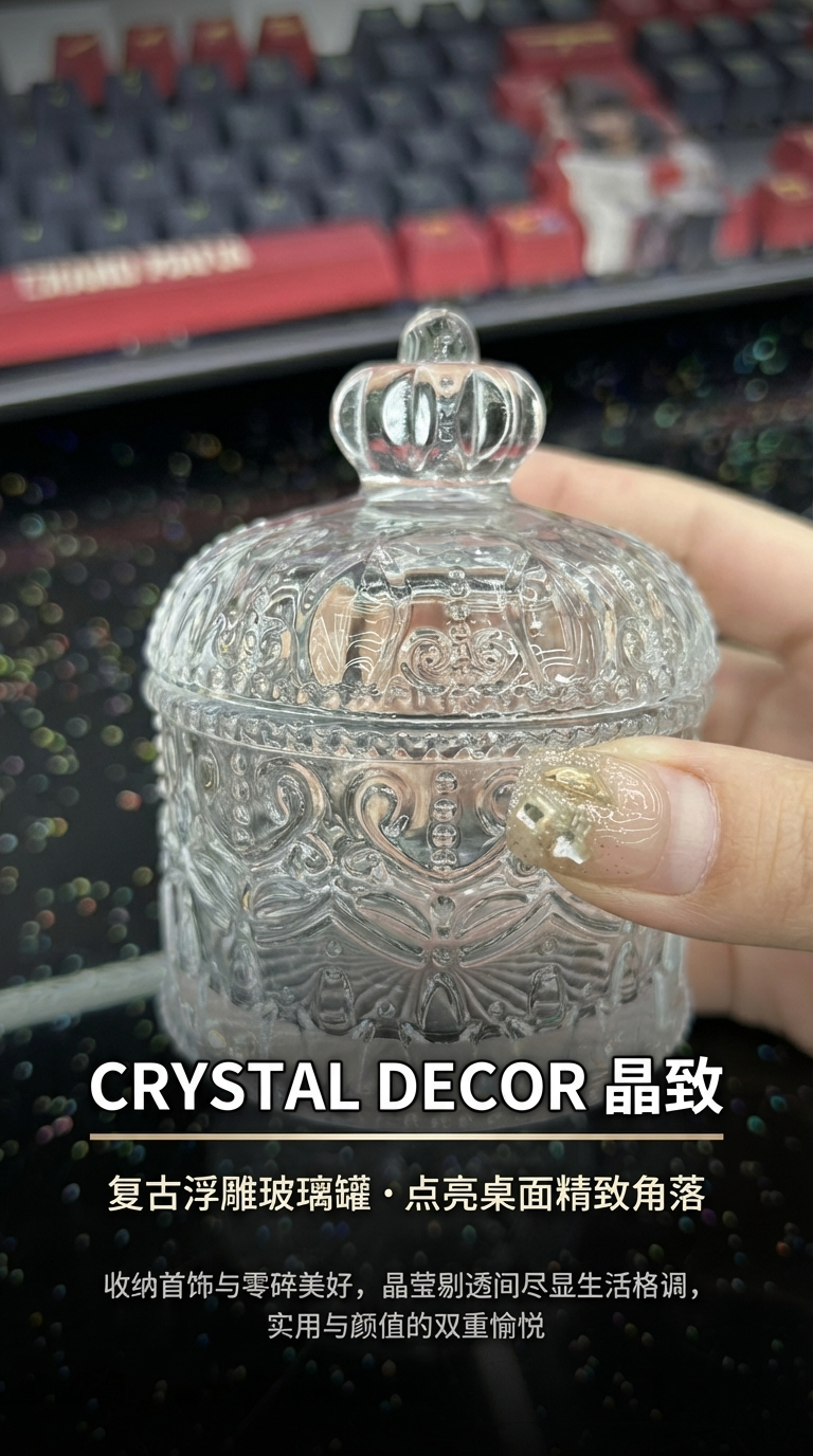 Small crown glass sugar jar with lid, exquisite Ins-style cosmetic storage, ZK decorative item pic 1