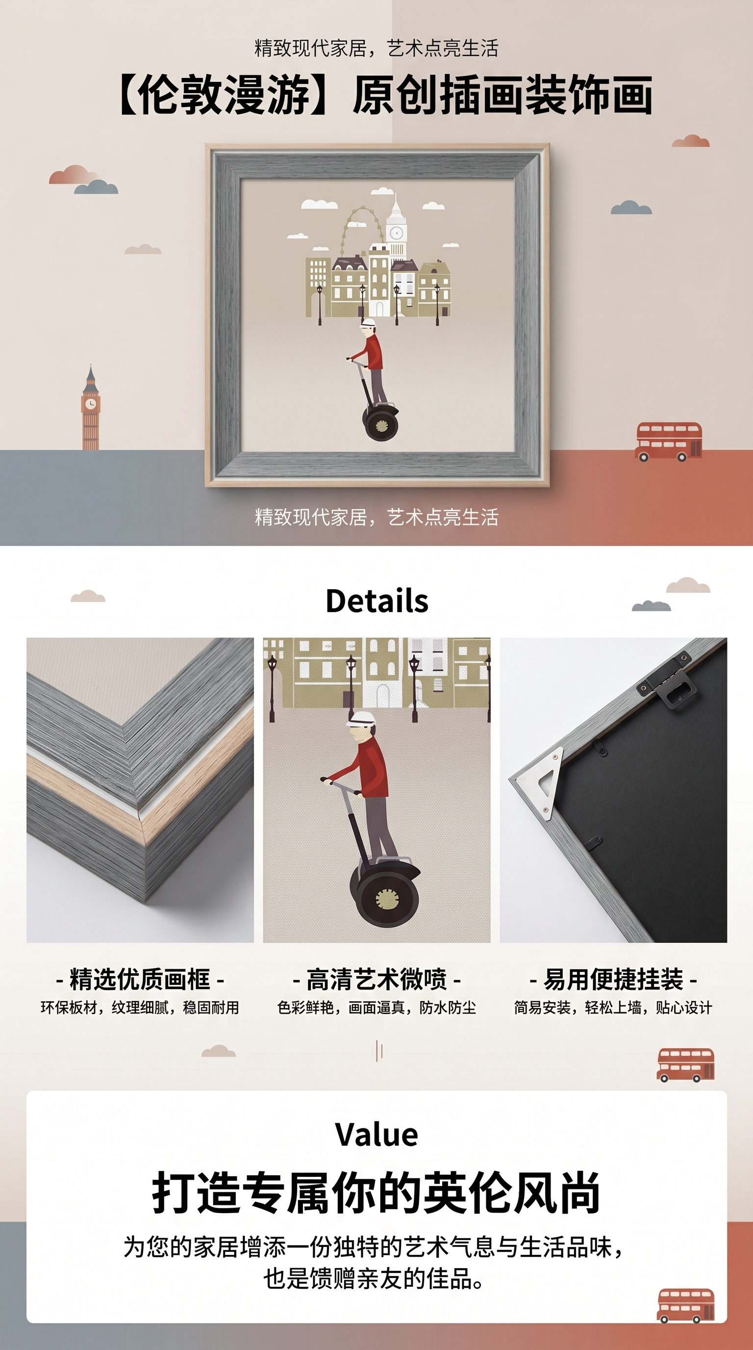 插画风城市景观电动平衡车人物装饰画厂家批发详情1