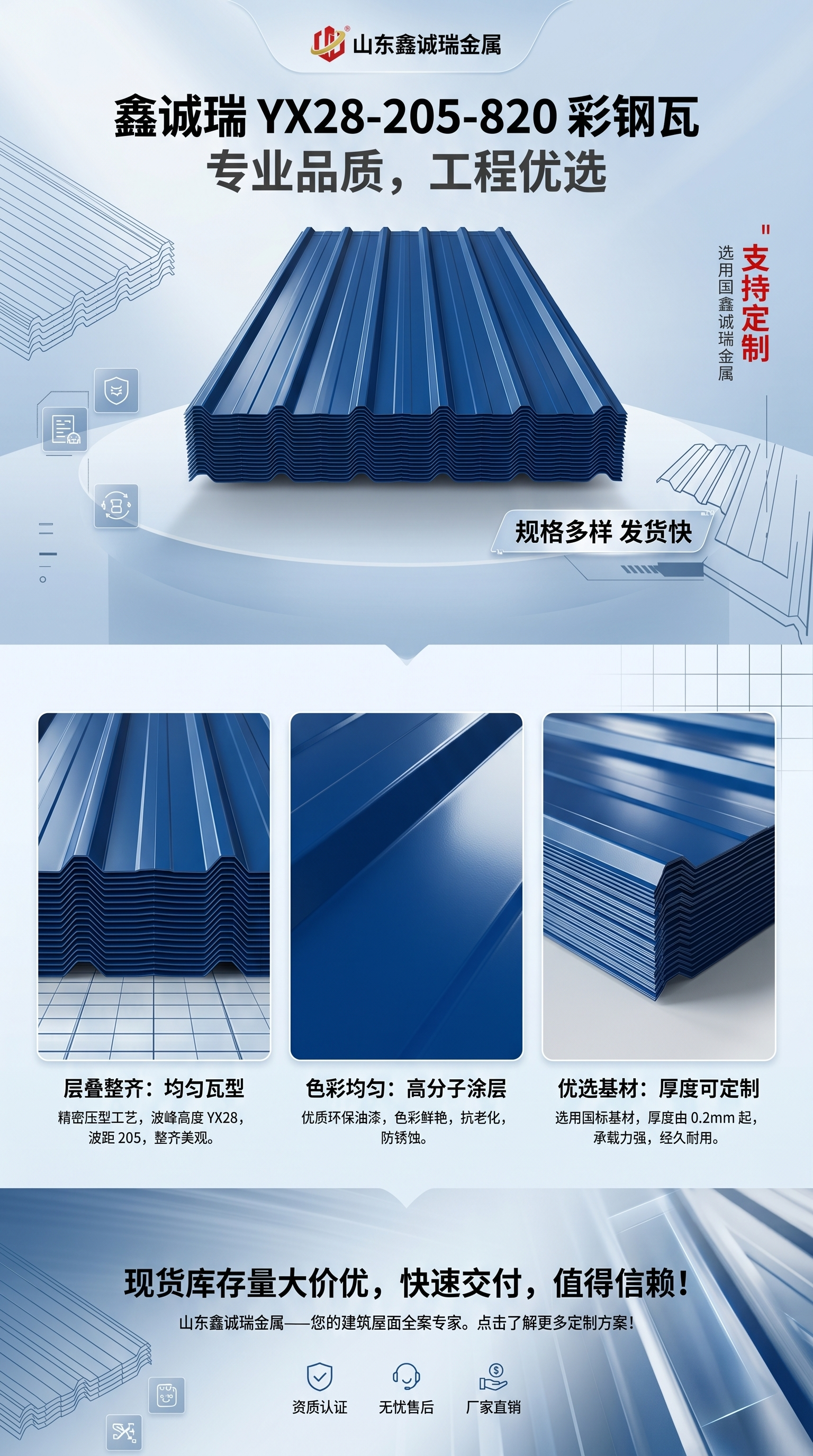 蓝色彩钢瓦 彩钢瓦 0.5mm厚 防腐耐候屋面墙面用详情1