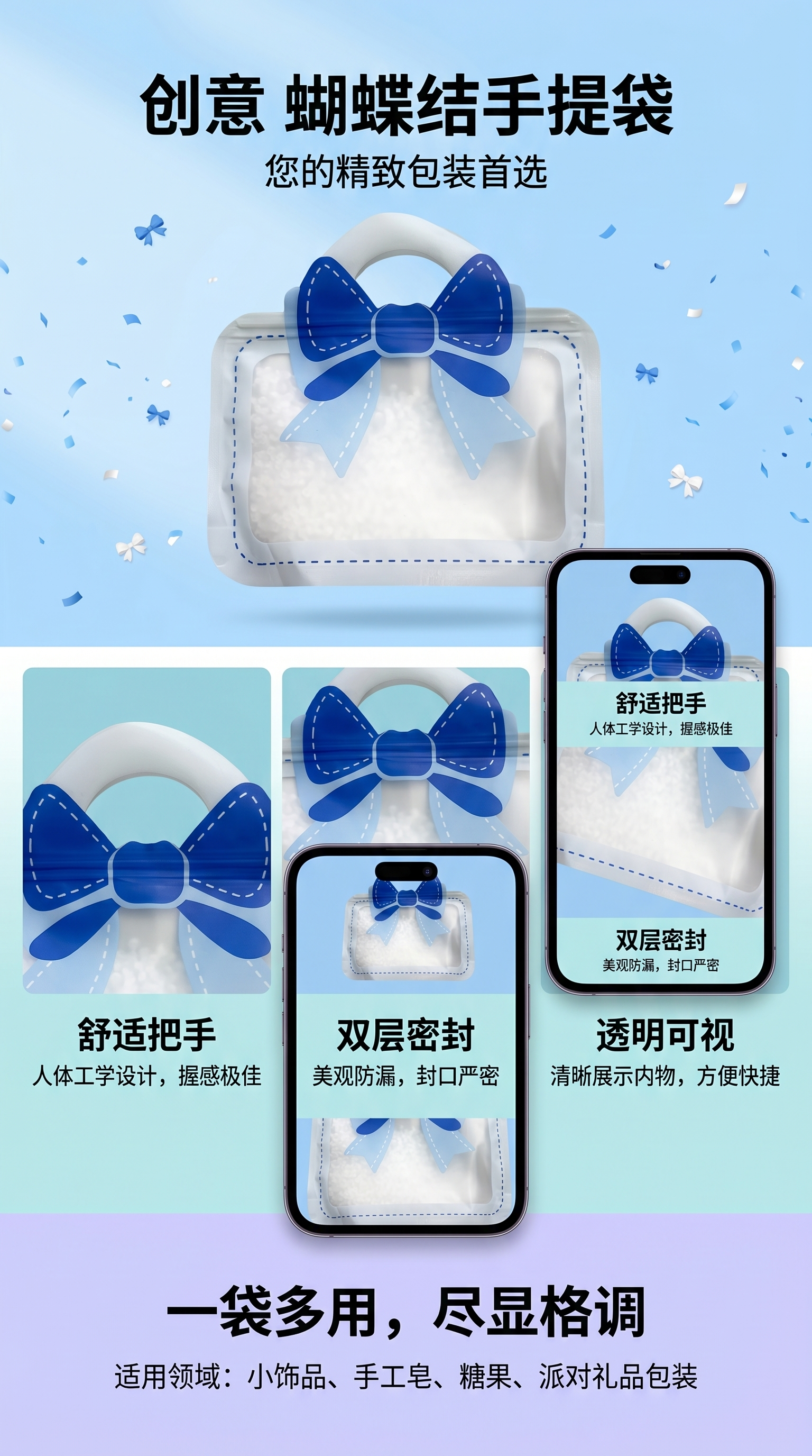 蓝色蝴蝶结手提袋简约时尚包装礼盒送礼佳品详情1