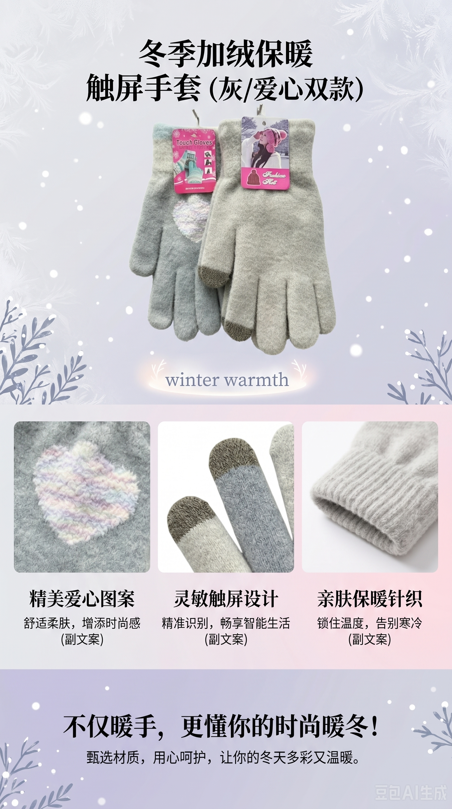 Grey plush touch screen gloves, winter warm and anti-slip gloves for both men and women pic 1