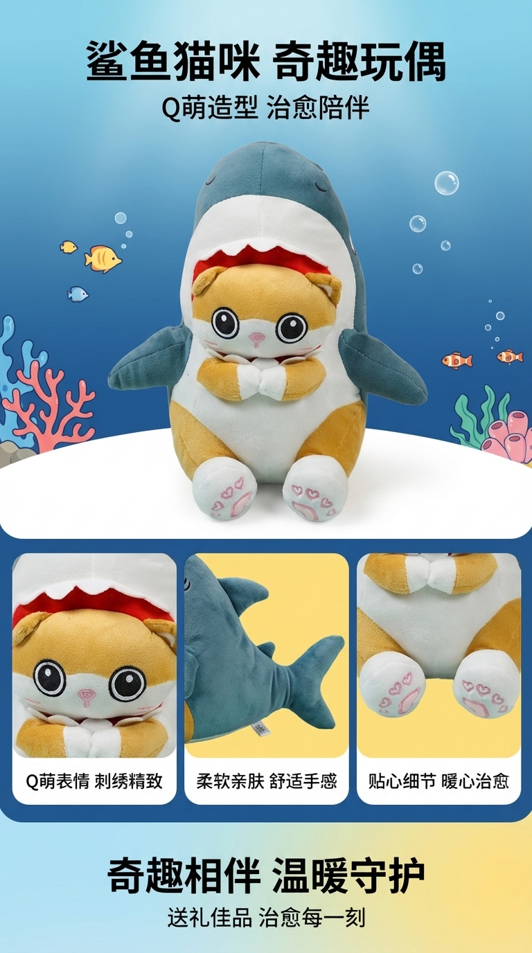 可爱鲨猫公仔毛绒玩具抖音同款生日礼物跨境玩偶抱枕热销软萌猫咪详情1