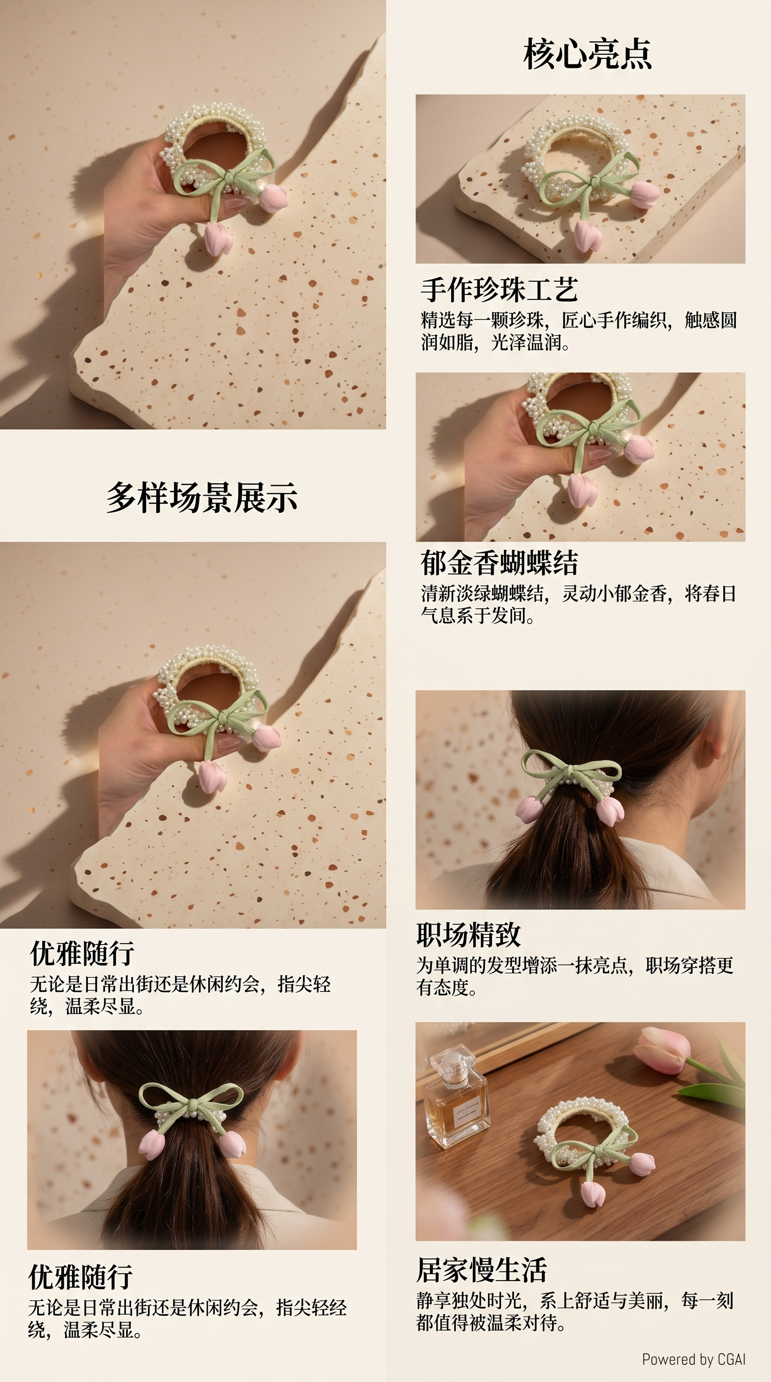 新款郁金香珍珠发圈甜美少女扎发头绳手链两用饰品小清新头饰详情3
