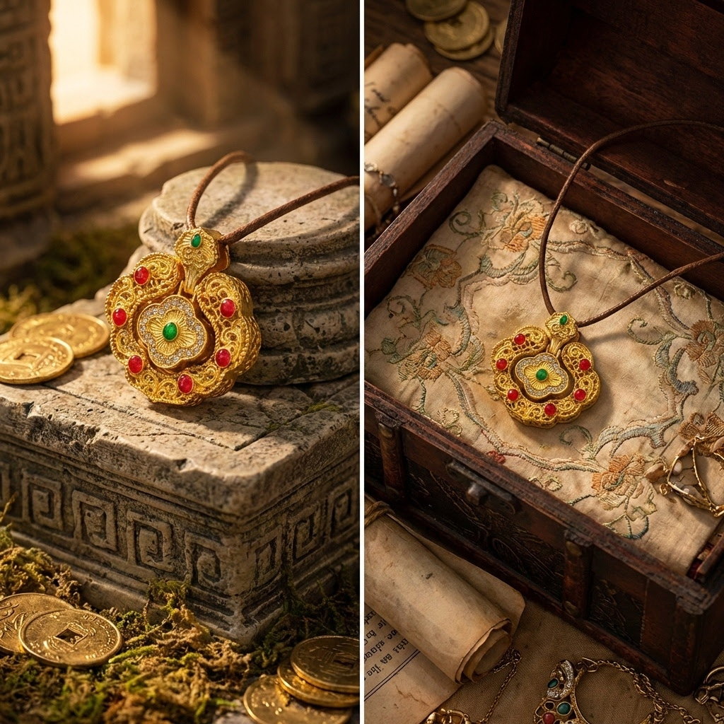 Gold gemstone inlaid pendant, gold wrapped in silver, court gold hollowed-out pattern brocade ruyi lock silver jewelry accessory, auspicious cloud bringing good fortune gold enamel pendant pic 4