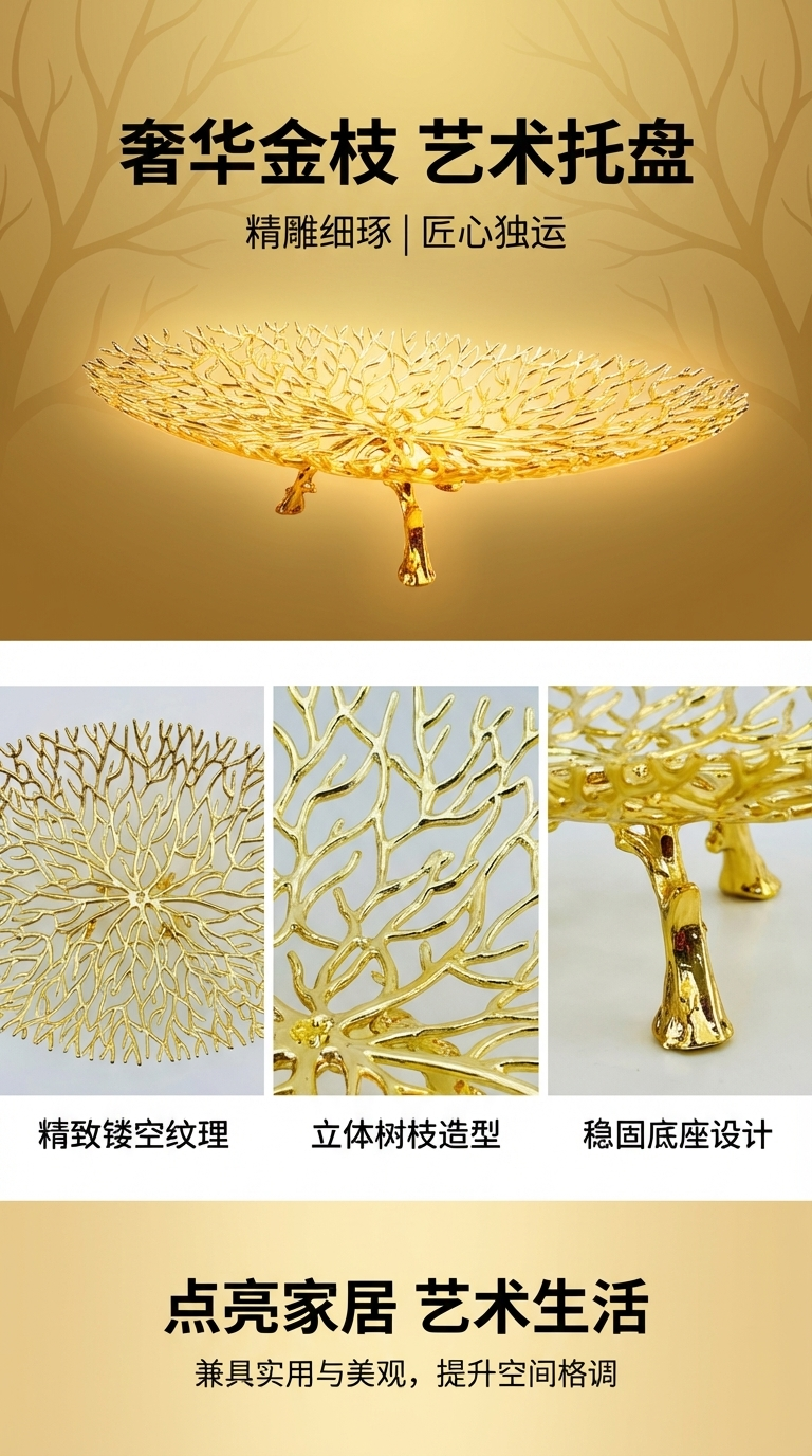 欧式创意酒店桌面摆件轻奢时尚果盘珊瑚树客厅摆设玄关金属软装饰详情1