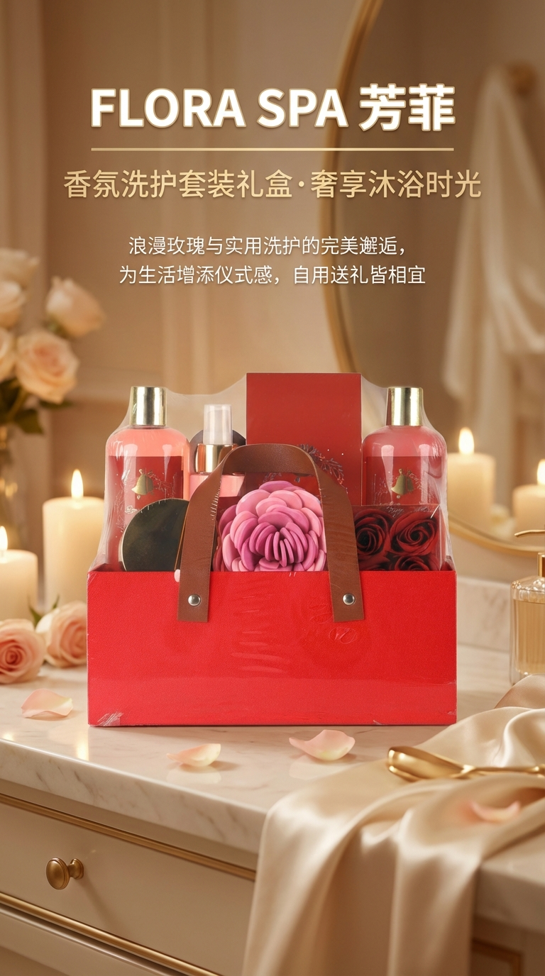 Christmas gift Red Bath gift box set: Body Wash, Perfume, bath salt, bath ball, Scrub (seven-piece set). You can choose your own fragrance type. ODMOEM design, a great gift pic 1