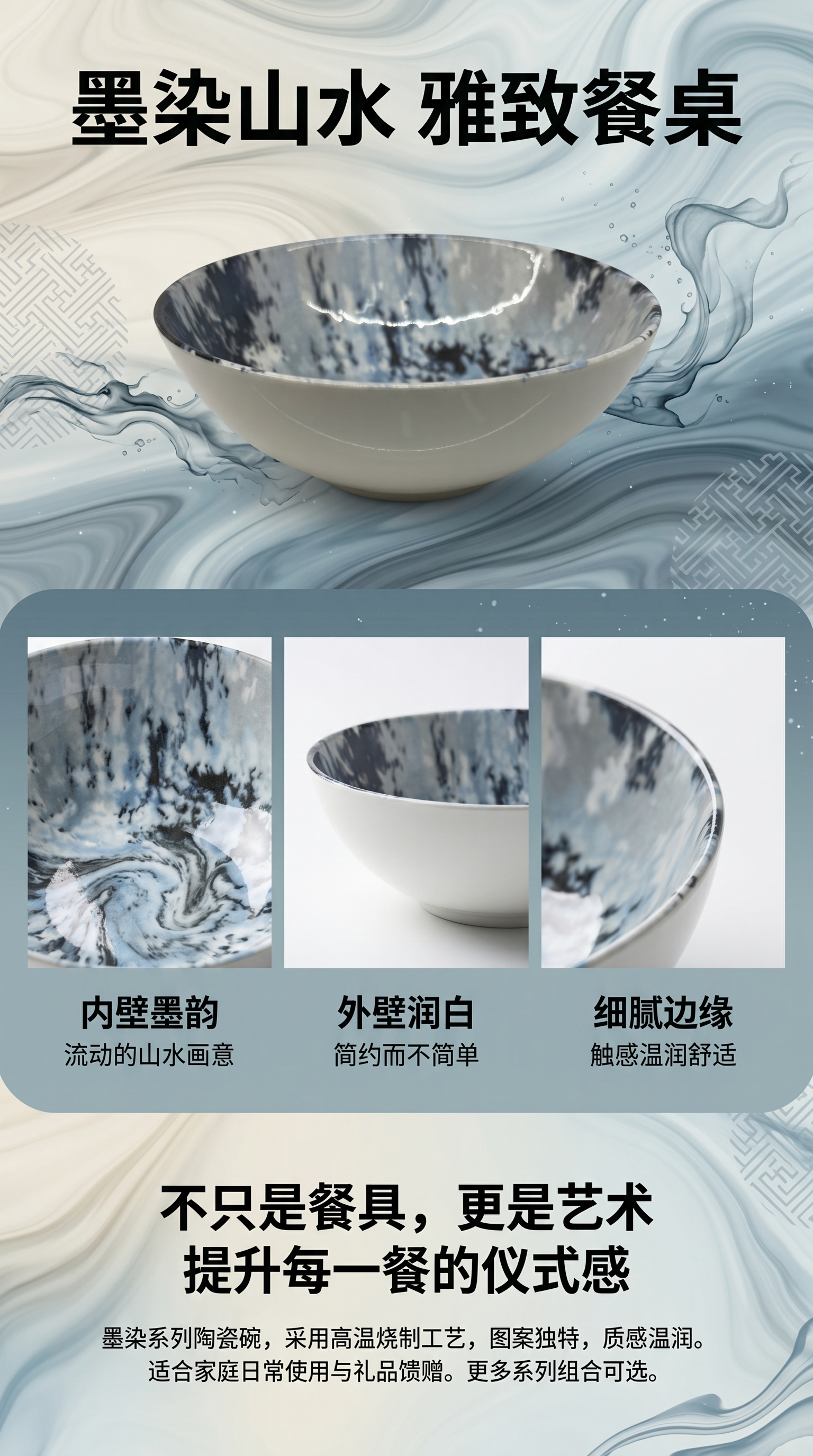 陶瓷碗 家用釉下彩高温烧制防烫汤饭两用碗详情1