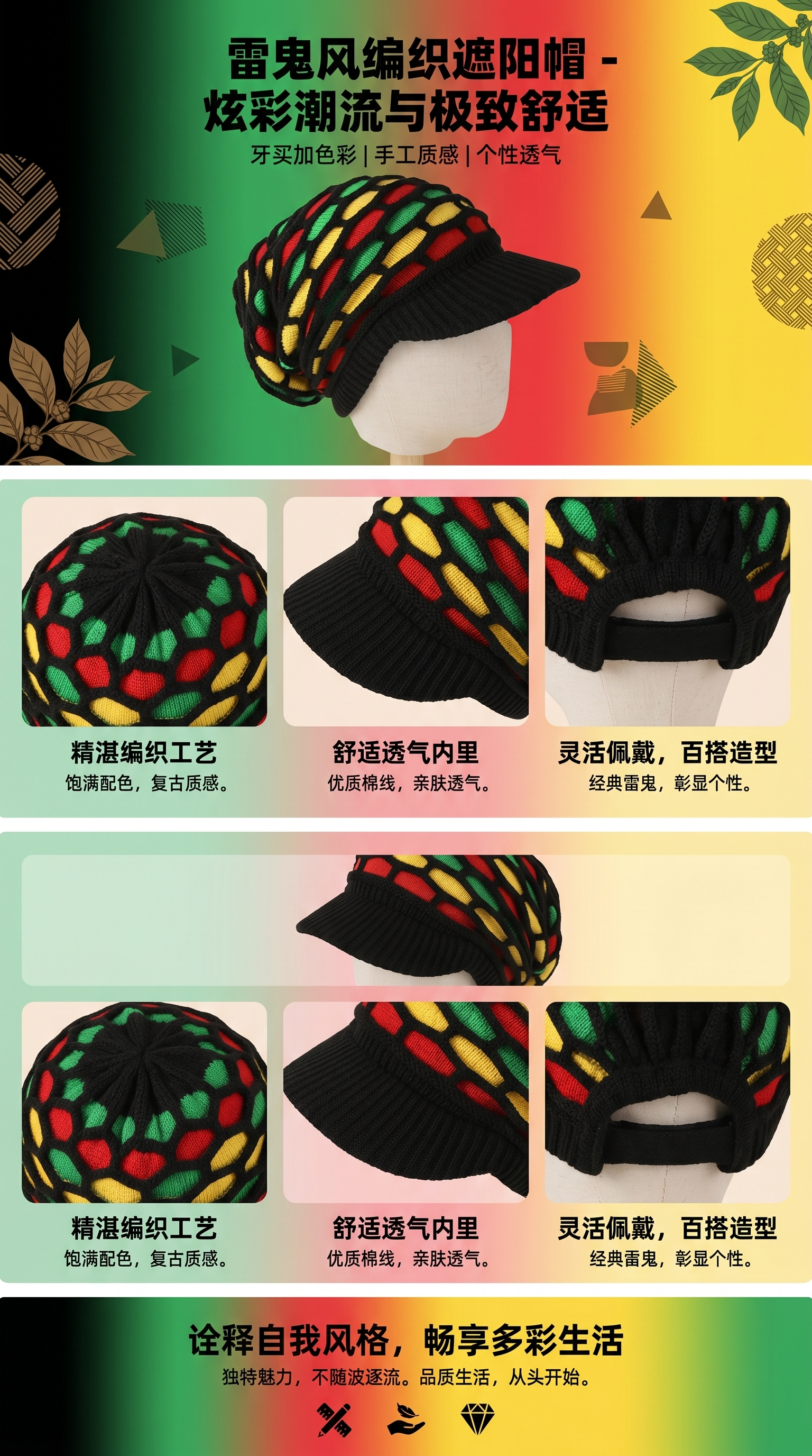New woolen hats, cross-border men's and women's knitted hats, hip-hop pleated, Jamaican outdoor rainbow hats pic 1