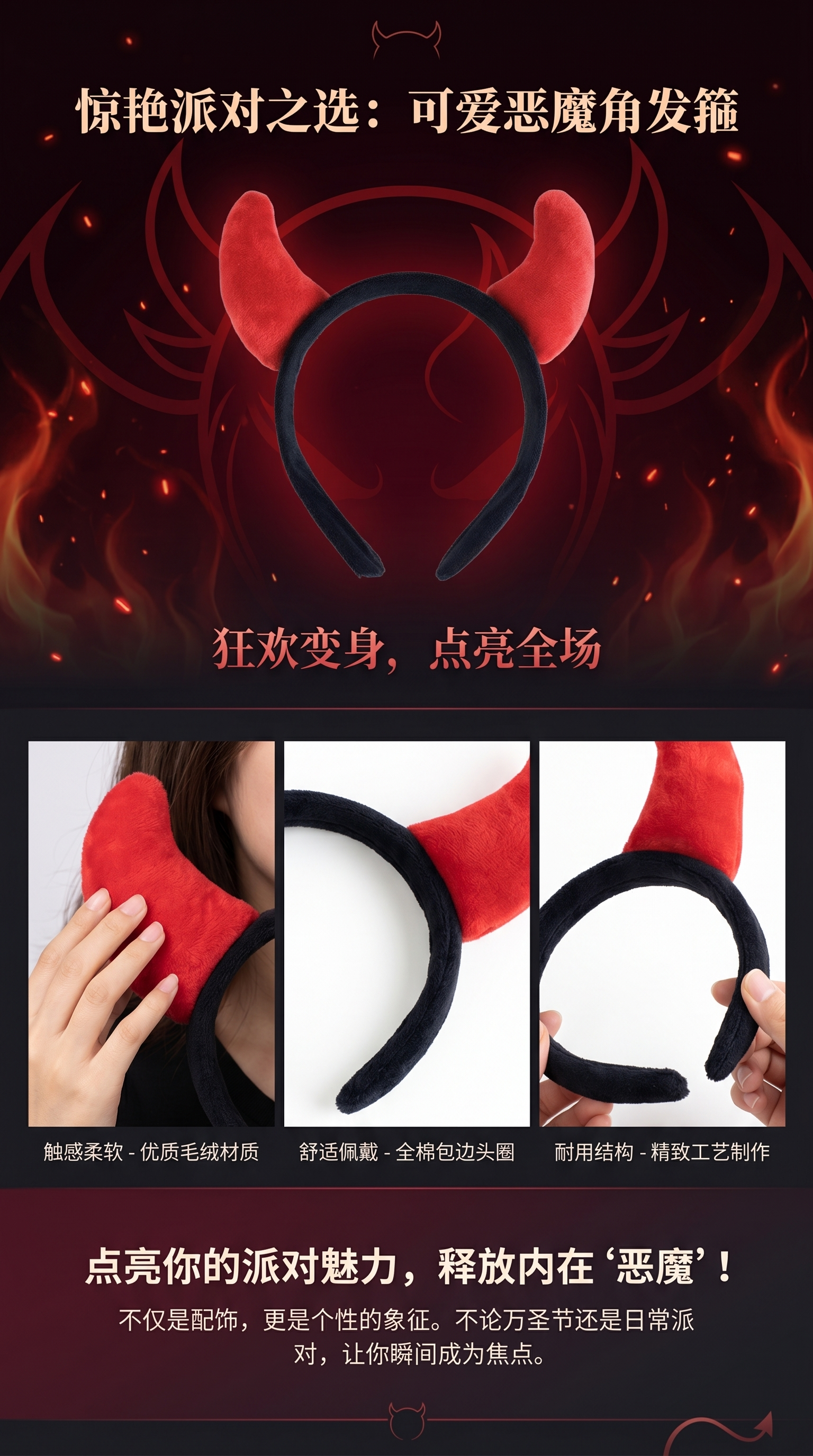 红色恶魔角珍珠儿童头饰发箍底胚详情1