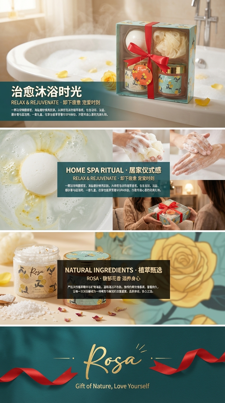 Rose Fragrance Light Luxury Bath Gift Box, Bath Salt Scrub, Explosive Salt Bath Ball Set, Moisturizing, Cleaning and Care Souvenir pic 3