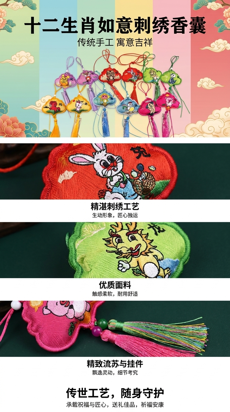 彩色刺绣十二生肖挂饰中国风家居装饰摆件年兽挂件详情1