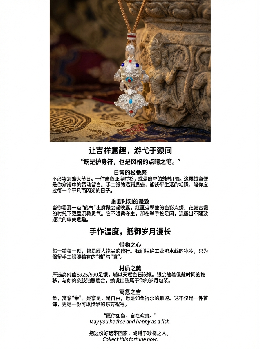 999 silver hand-engraved, hollowed-out three-dimensional carving, fish-shaped pendant jewelry, silver accessory, retro style pic 4