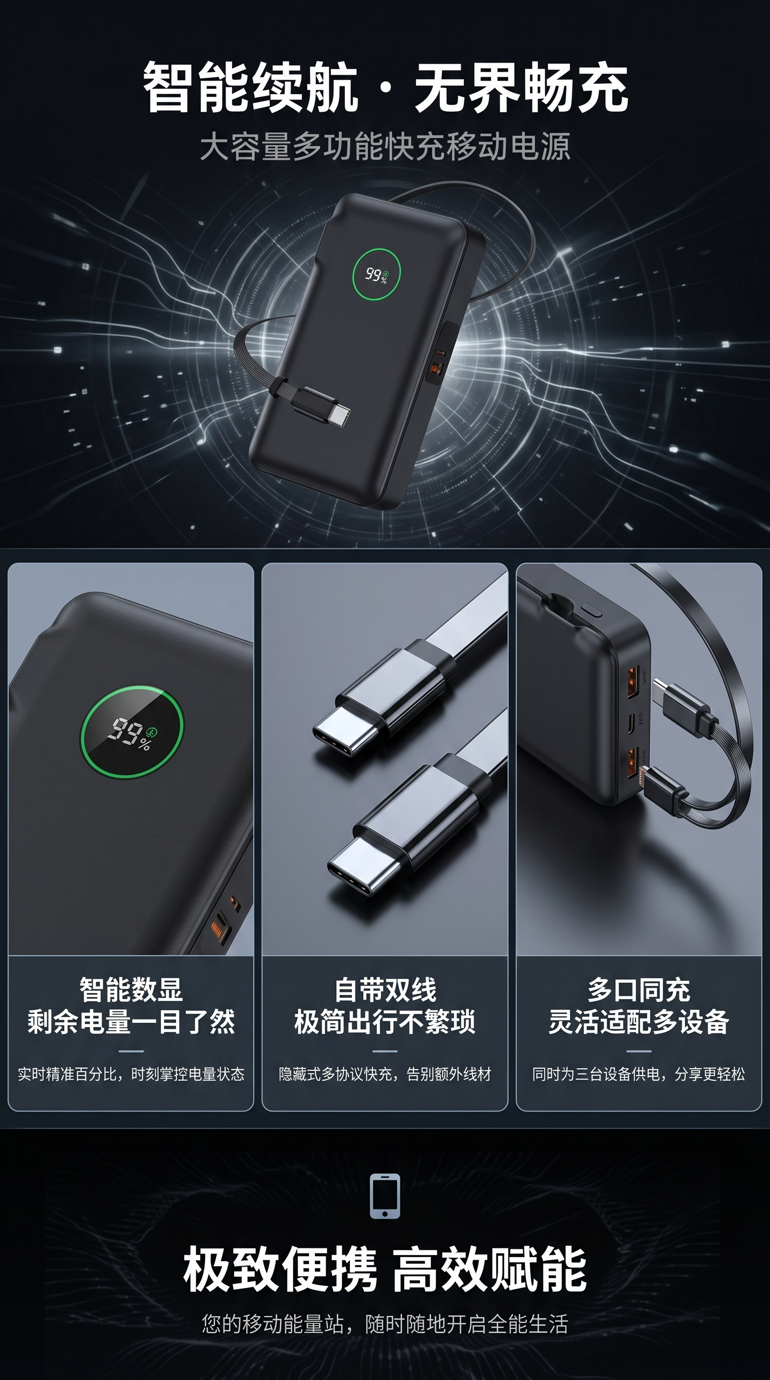 黑色便携式充电宝主体 20000mAh快充移动电源轻薄旅行充电器详情1