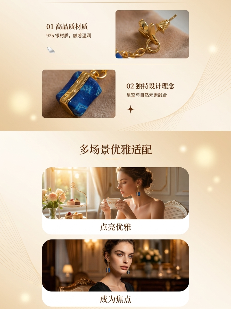  民族风蓝色织锦小桶耳环 小众个性通勤百搭镀金耳坠详情3