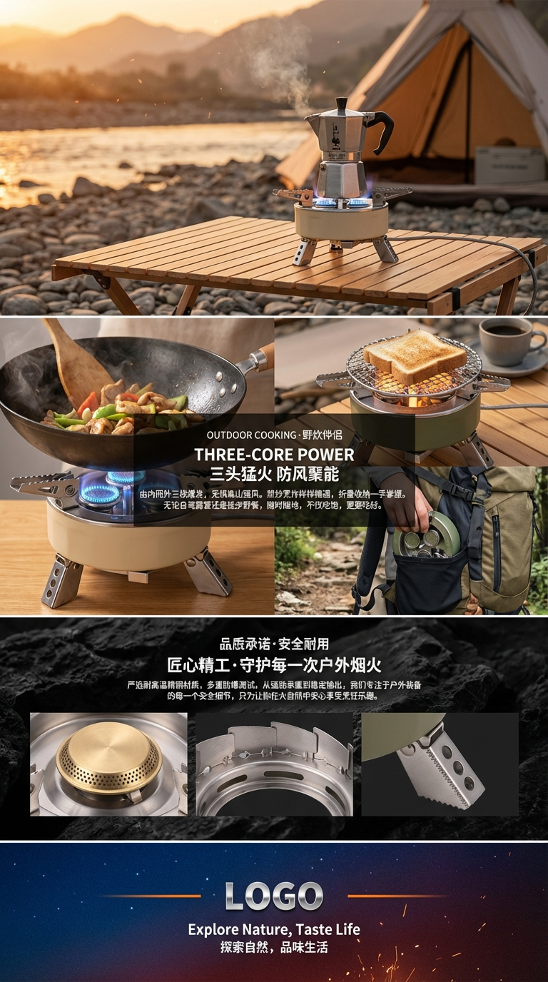 户外便携式三芯猛火炉灶露营自驾游燃气炉具野炊野营瓦斯三头炉子详情3