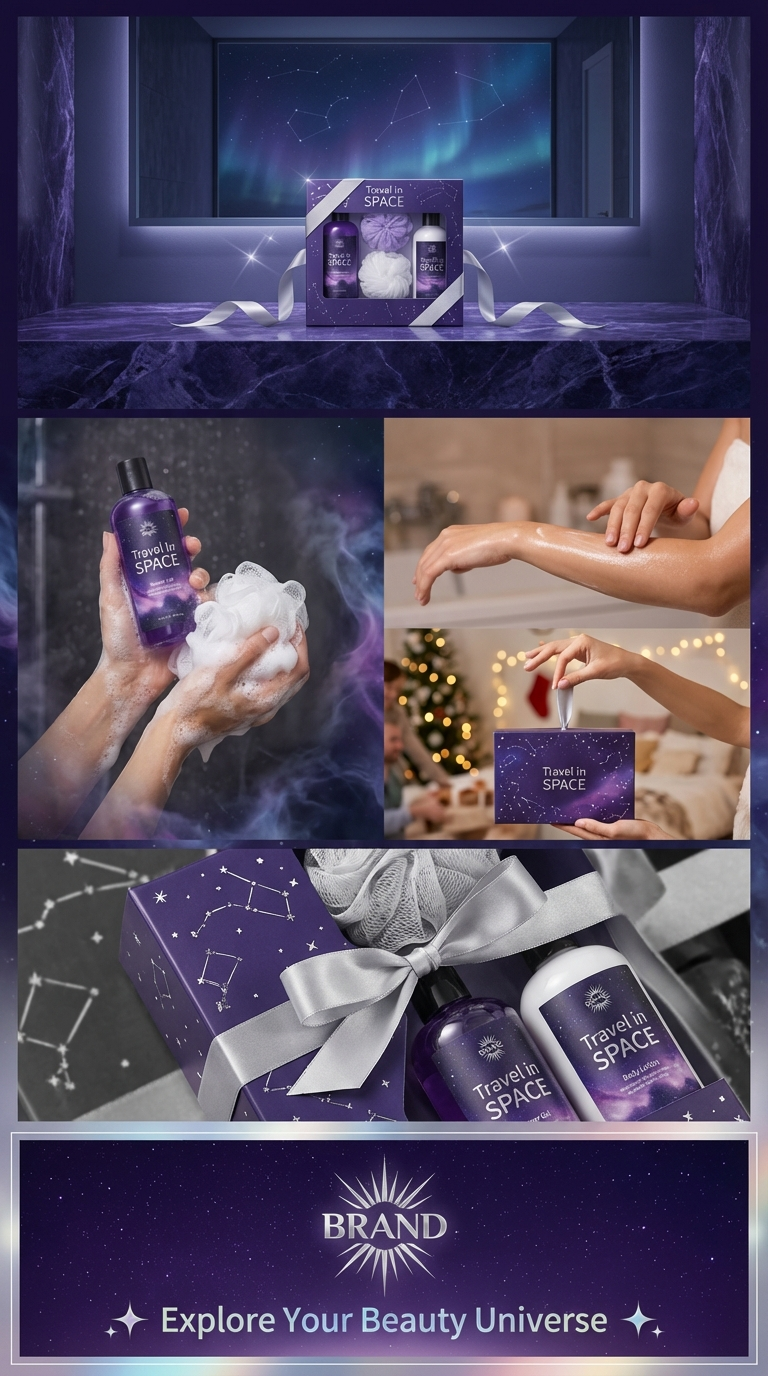 Purple Starry Sky Theme Bath Gift Box Set 200ml Body Wash Body Lotion Bath Ball Combination Set Romantic Gradient Purple hand-held Gift Box Gift Body Wash Set pic 3