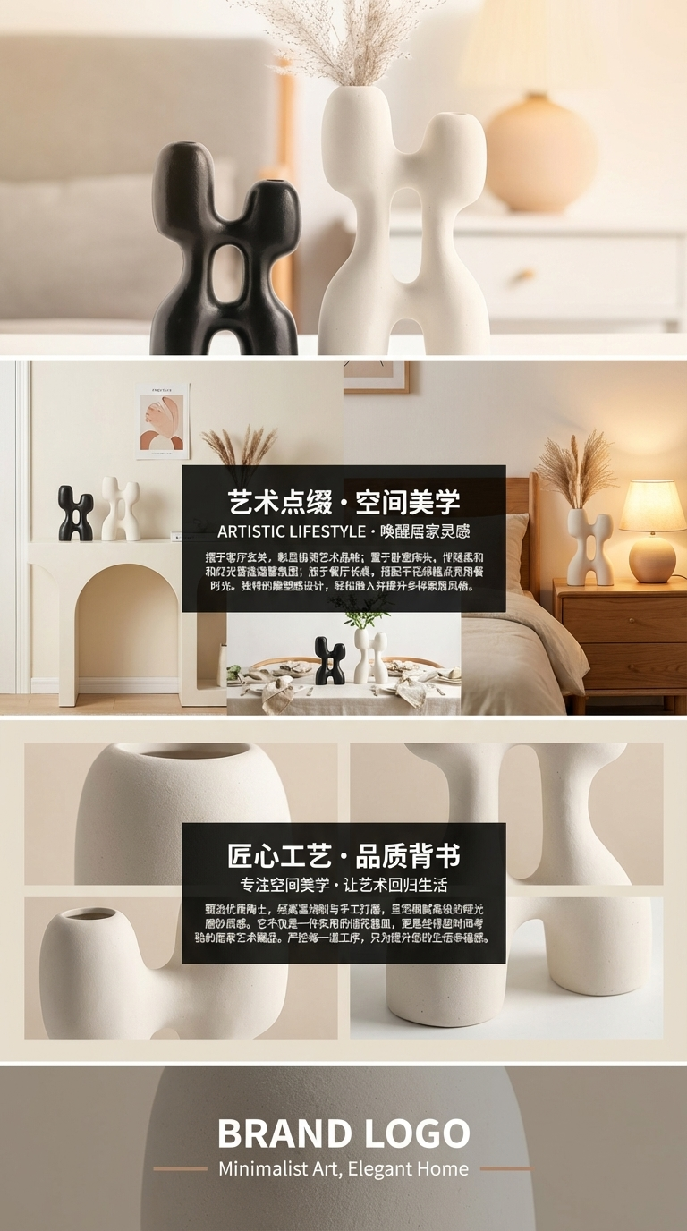 抽象不规则黑白侘寂风陶瓷花瓶现代简约百搭装饰品摆件礼品批发陶瓷陶瓷装饰工艺品陶瓷花瓶详情3