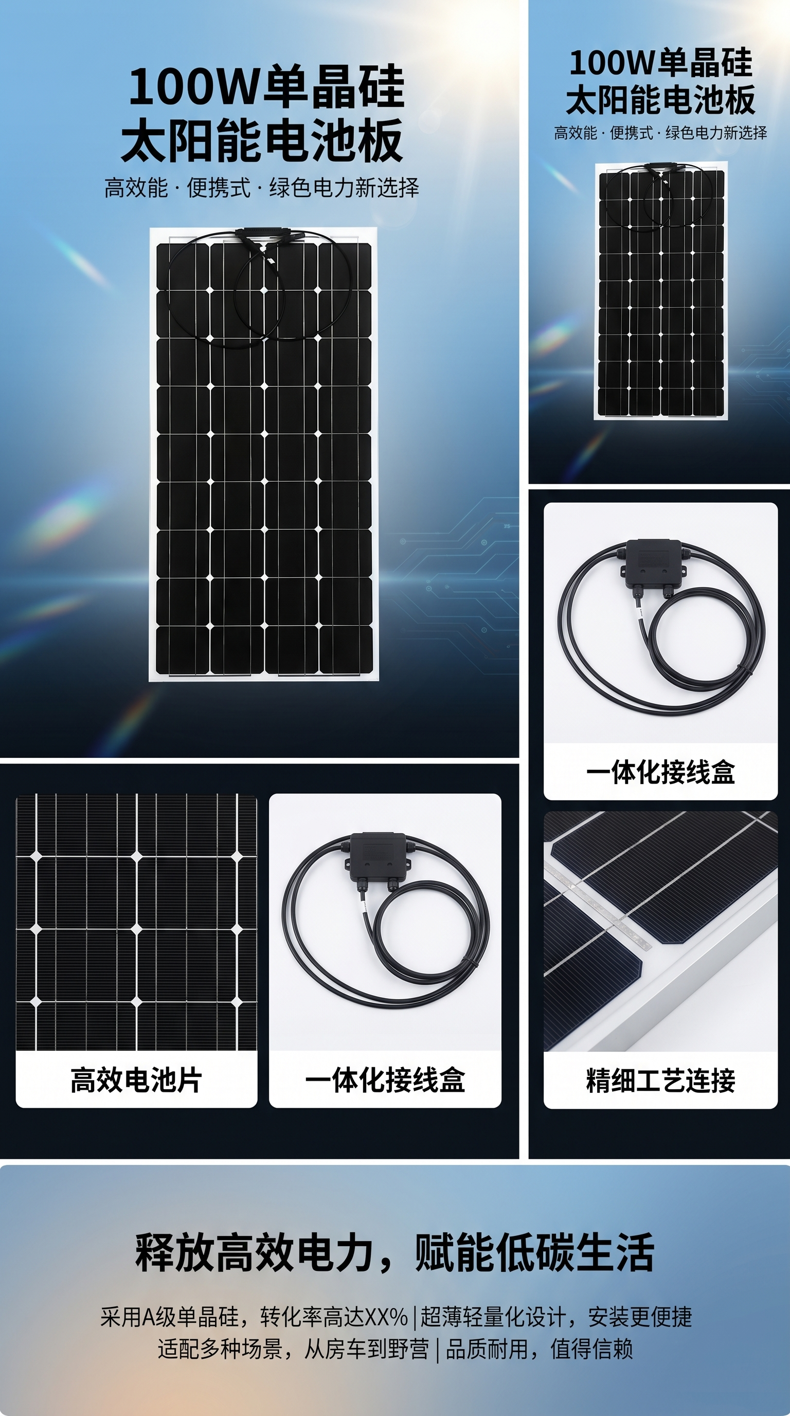 100W单晶硅太阳能电池板光伏板 500W组件660W发电系统储能器详情1