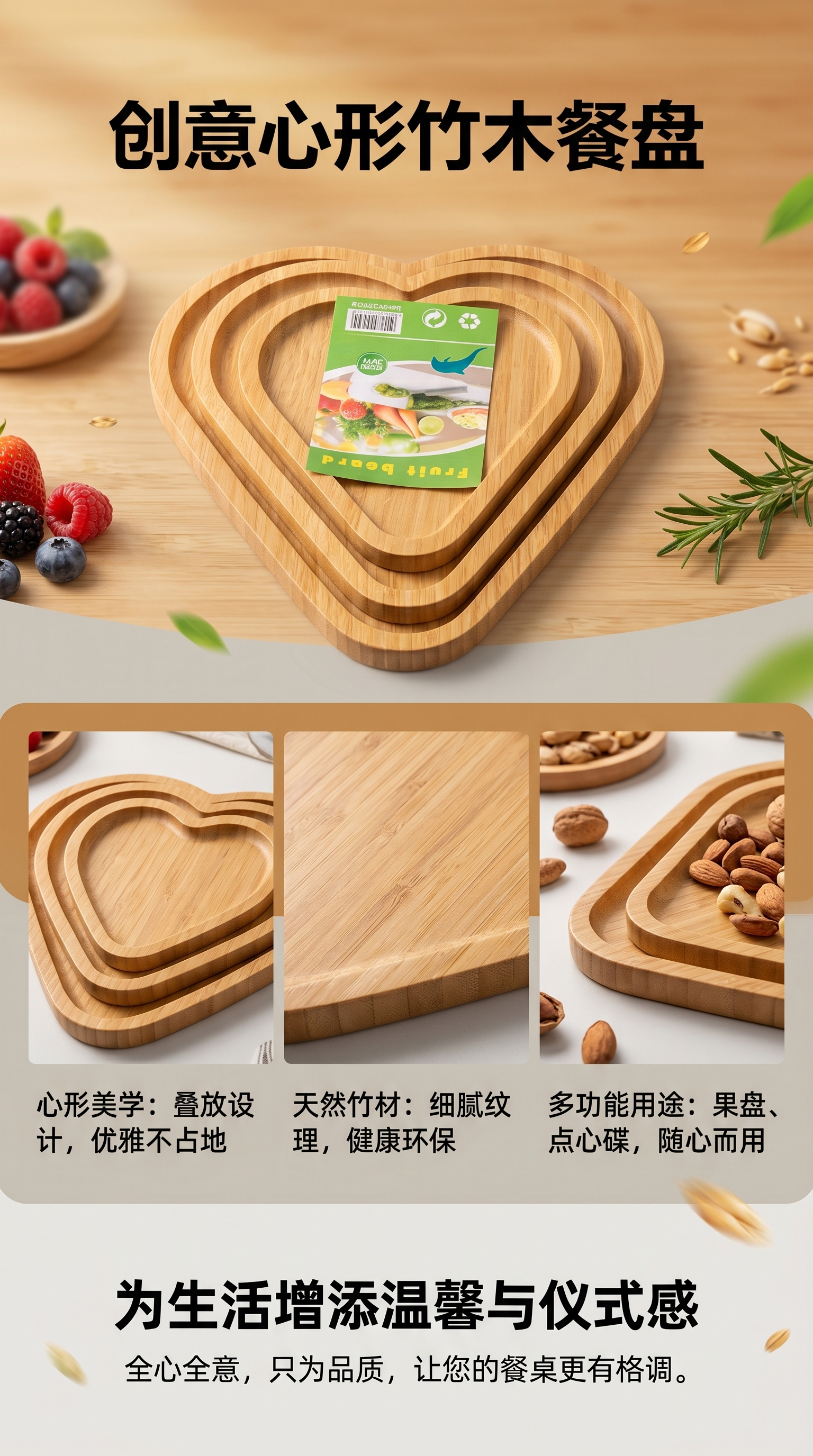 心形木质果盘简约北欧风餐厅装饰摆件详情1