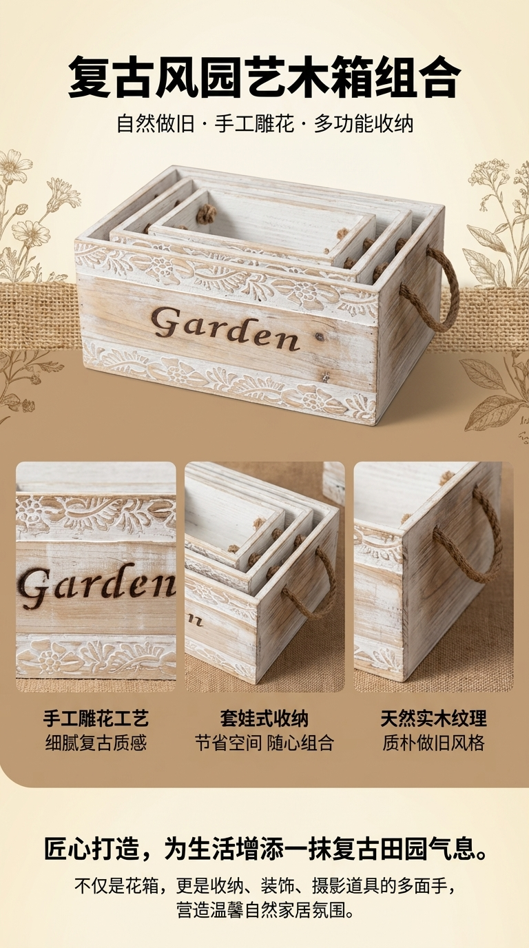 木盒花盆三件套置物木制收纳筐布艺置物麻绳厂家直销103207373详情1