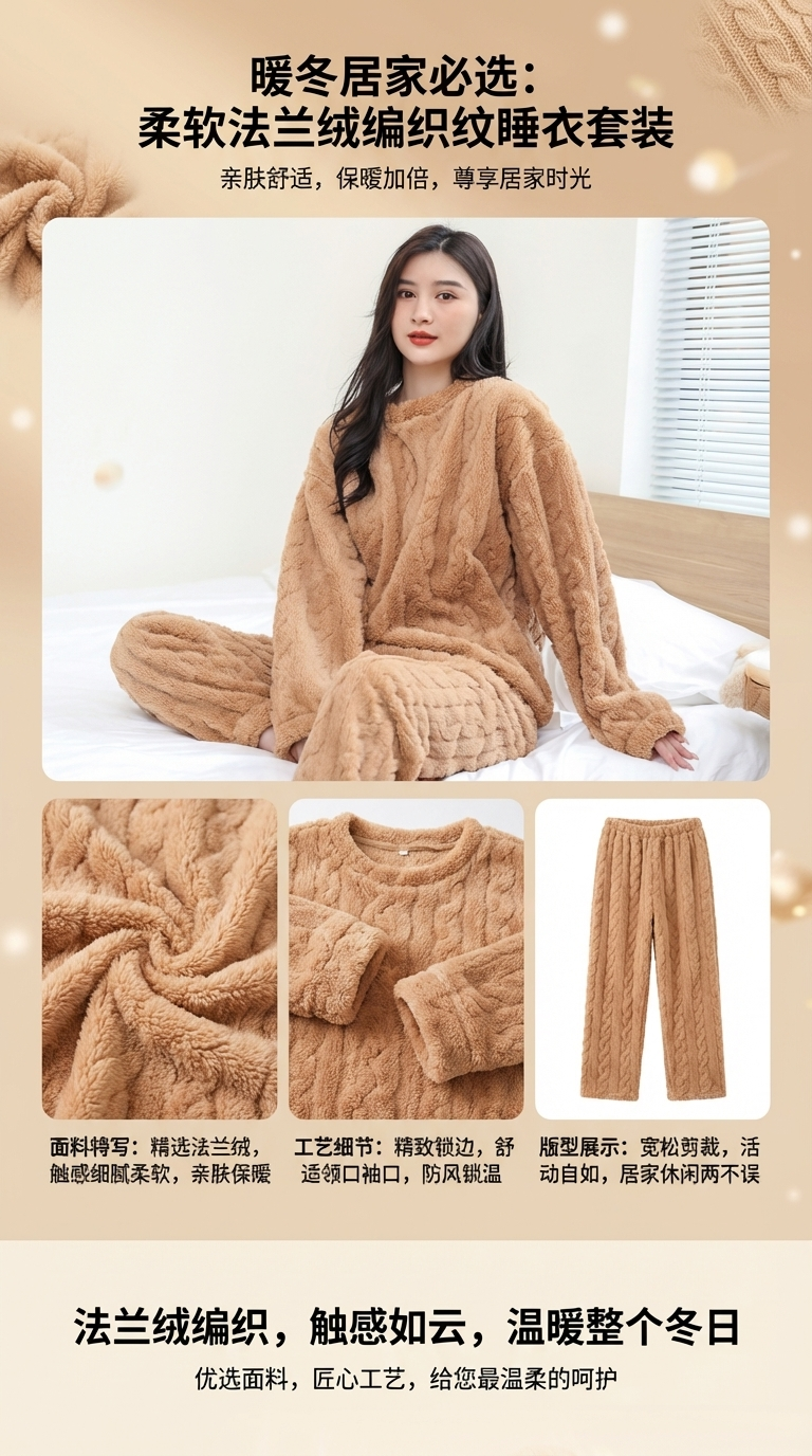 棕色法兰绒女士家居服套装睡衣真丝毛绒保暖舒适居家穿着详情1