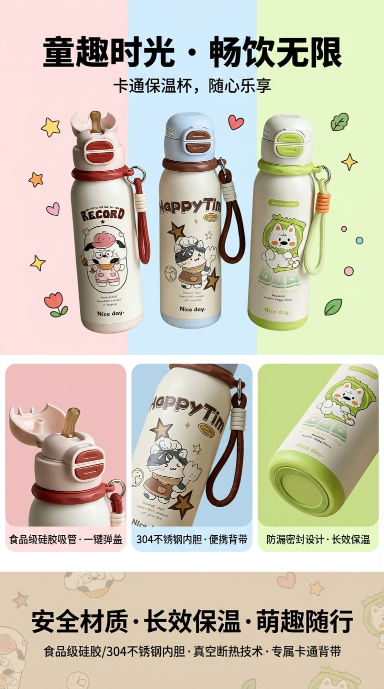 2026 New style straw water cup, 316 stainless steel insulated cup, cartoon bouncing cup, student portable and cute drawstring cup pic 1
