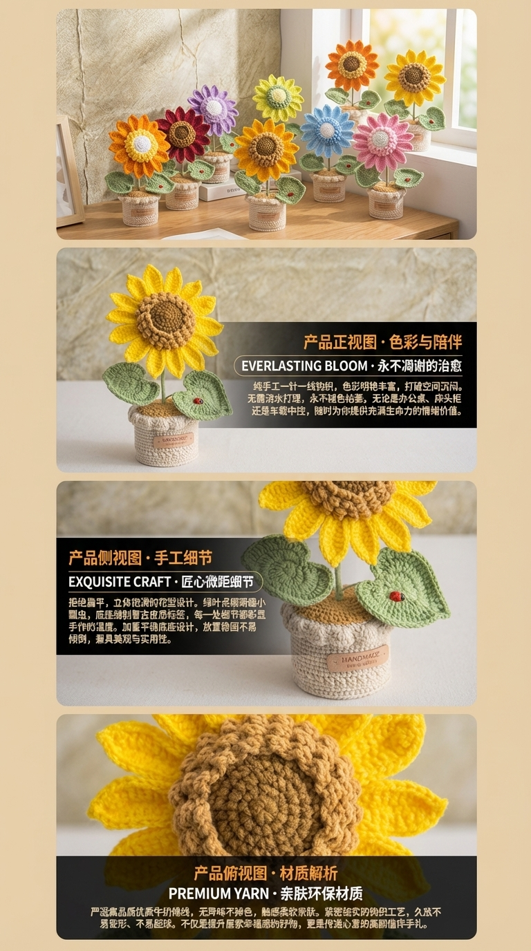 向日葵手工编织毛线花束针织盆栽详情2