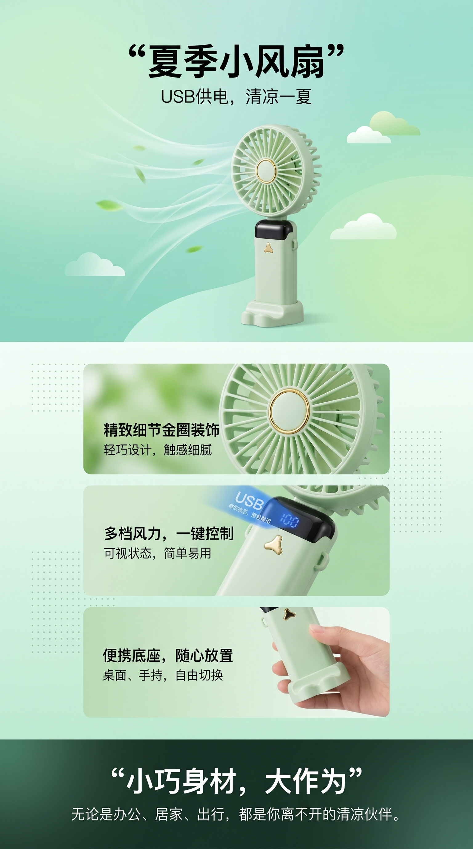 绿色手持USB小风扇便携静音降温办公家用学生党详情1