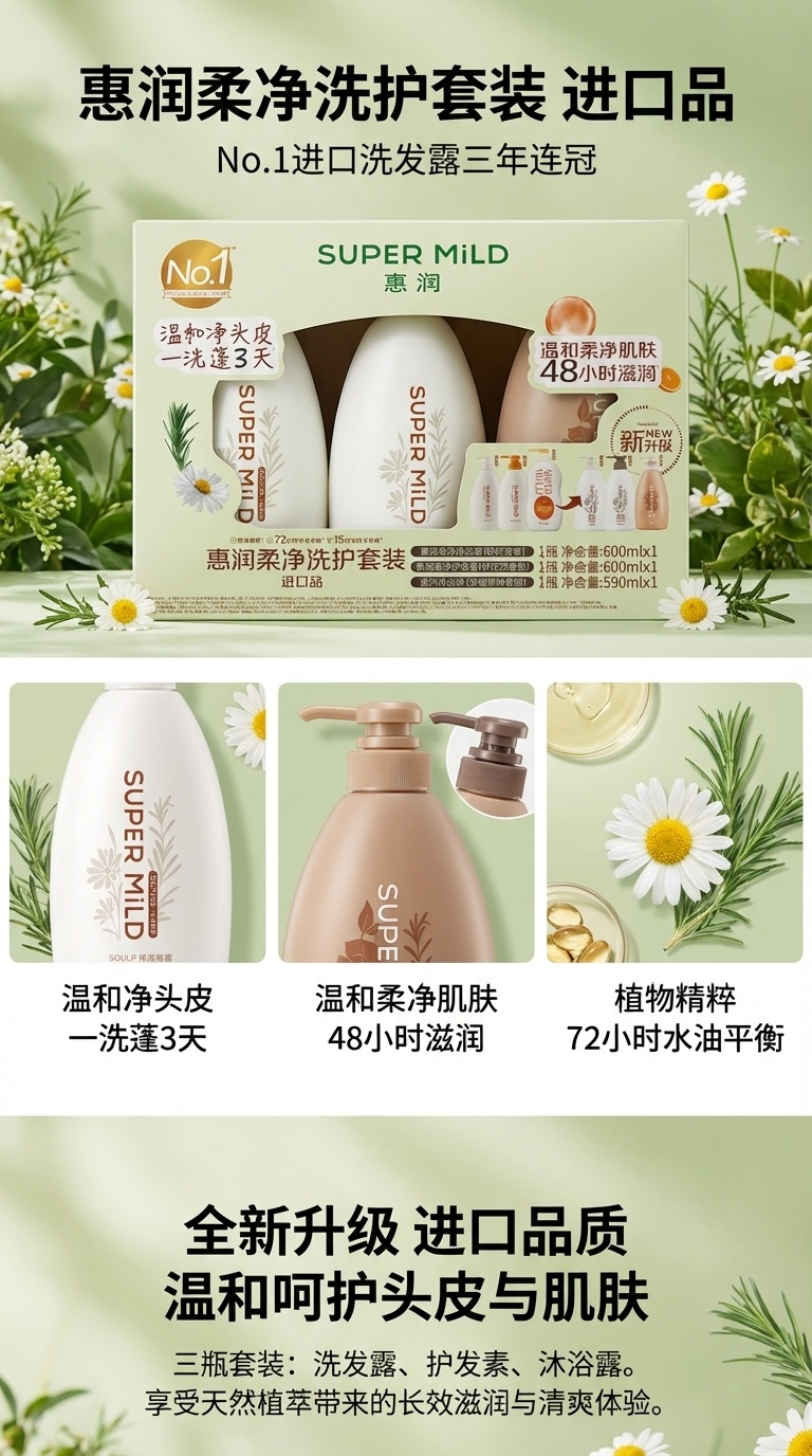 新惠润大套装(鲜花洗发水600ml+鲜花护发素600ml+淡雅果味沐浴露590ml)详情1
