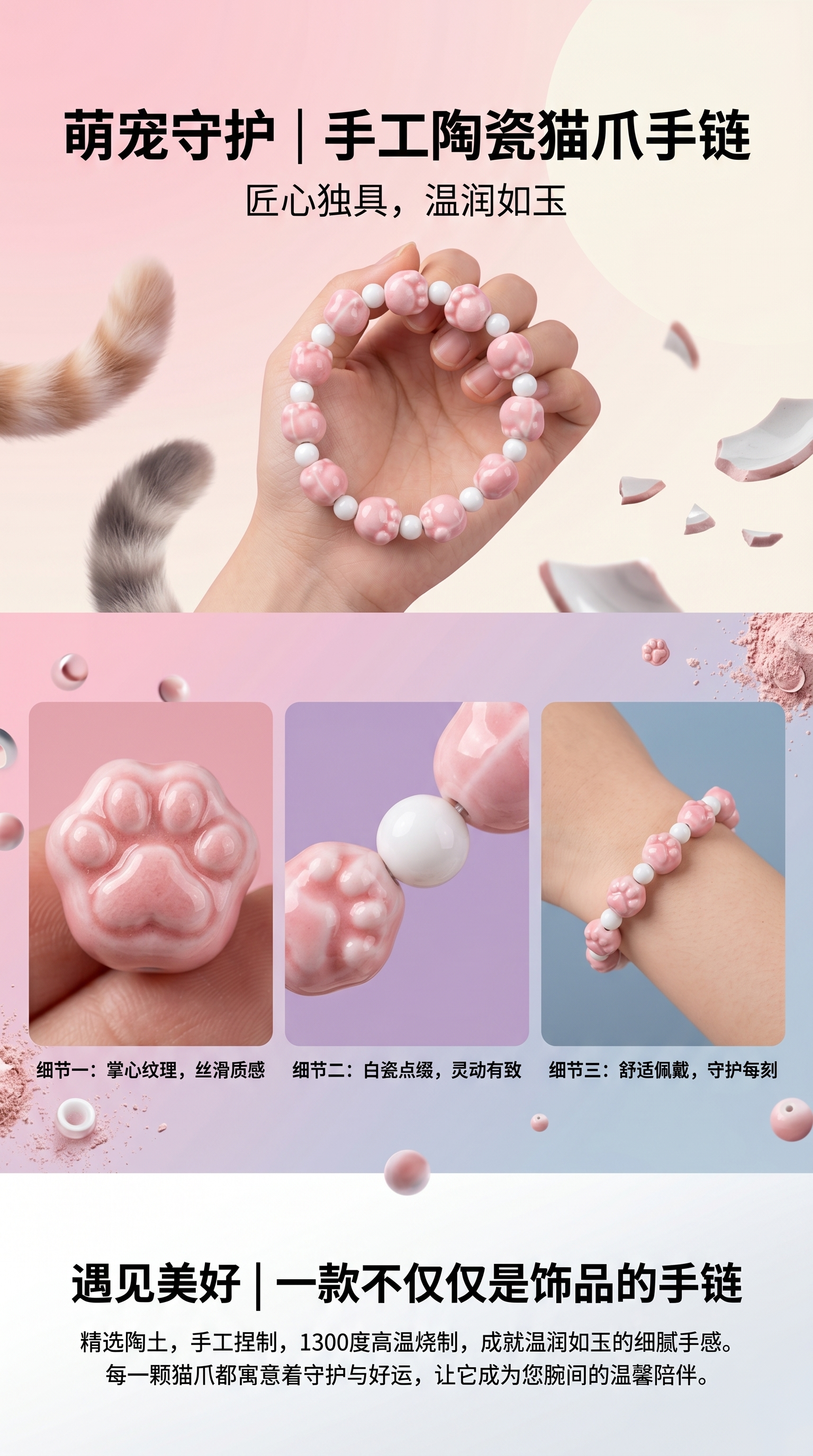 粉色珠子手链 女款简约时尚百搭饰品 18cm可调节详情1