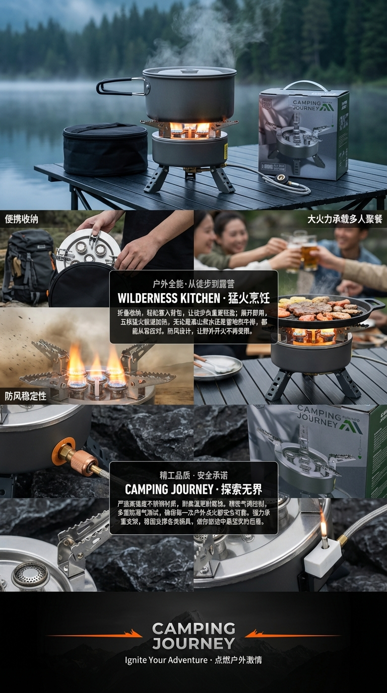 新款五头炉不锈钢炉 猛火炉圆形卡式炉 带支架气炉 户外炉便携炉详情3