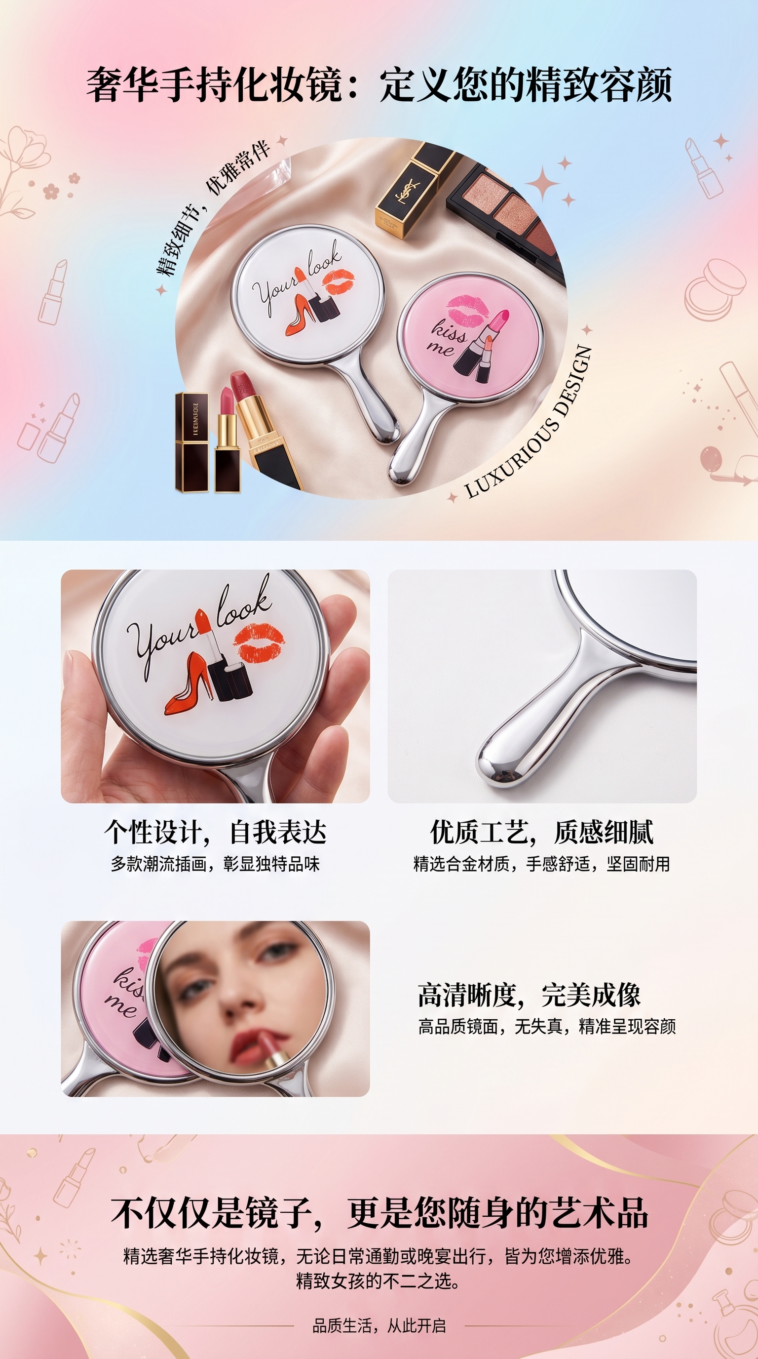 粉色包装盒手持化妆镜四款不同图案圆形手柄镜Make up Kiss me Your look化妆品详情1