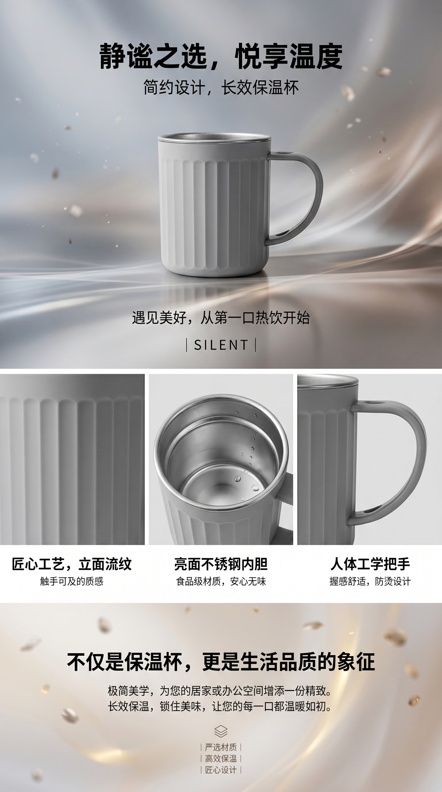 灰色条纹杯身陶瓷杯子 350ml 家用办公水杯 防烫手柄详情1