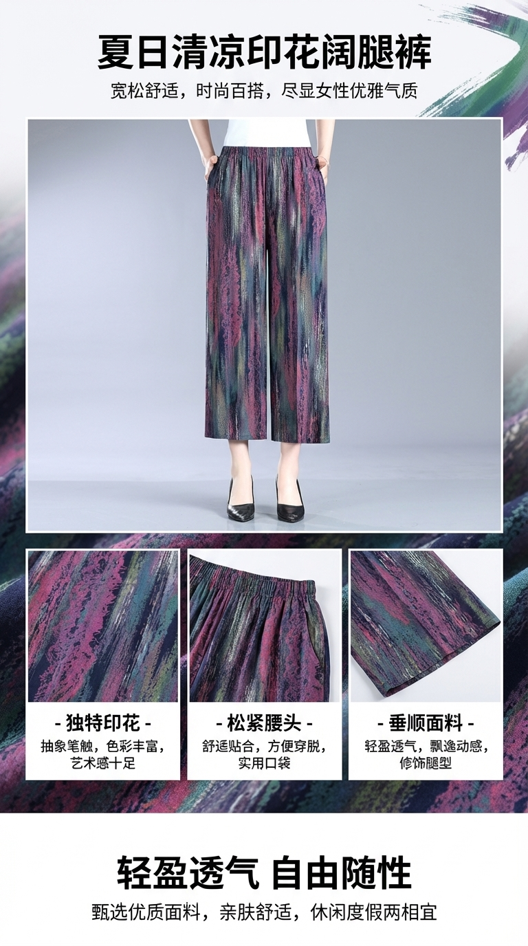 国潮-彩色印花阔腿裤女夏天黑色休闲裤冰丝防晒裤弯刀姐妹裤180g详情1
