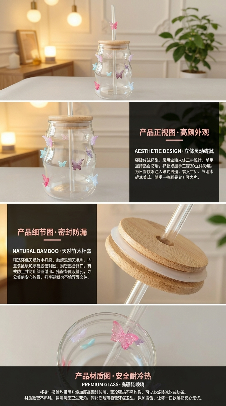 蝴蝶装饰玻璃杯 时尚简约水杯家用透明杯子日常饮品杯155444648杯子详情2