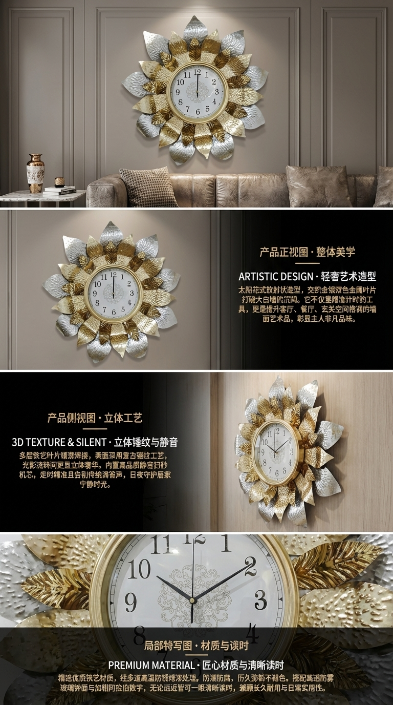 太阳花造型挂钟功能钟表详情2