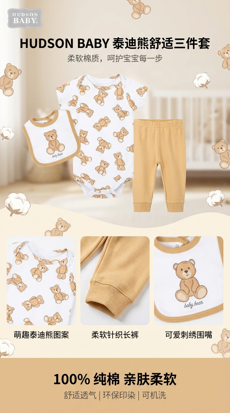 Hudson Baby 100% Cotton Baby Outfit Set, 3-Piece (Bodysuit +详情1