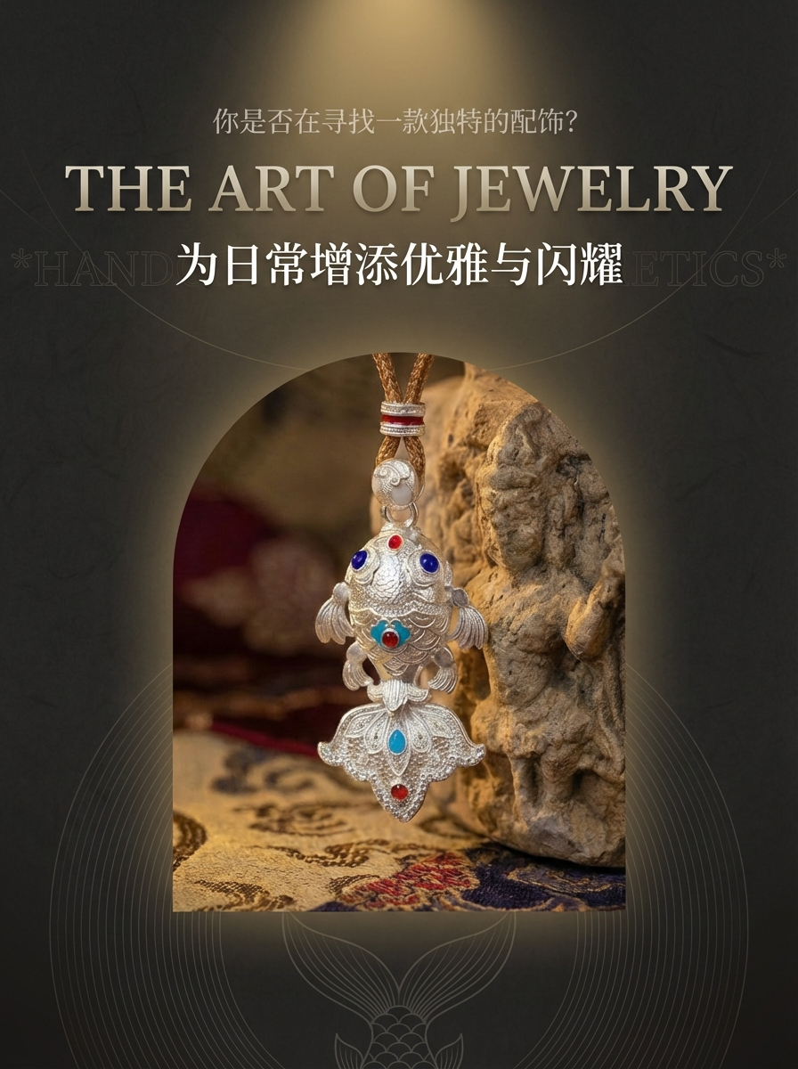 999 silver hand-engraved, hollowed-out three-dimensional carving, fish-shaped pendant jewelry, silver accessory, retro style pic 1