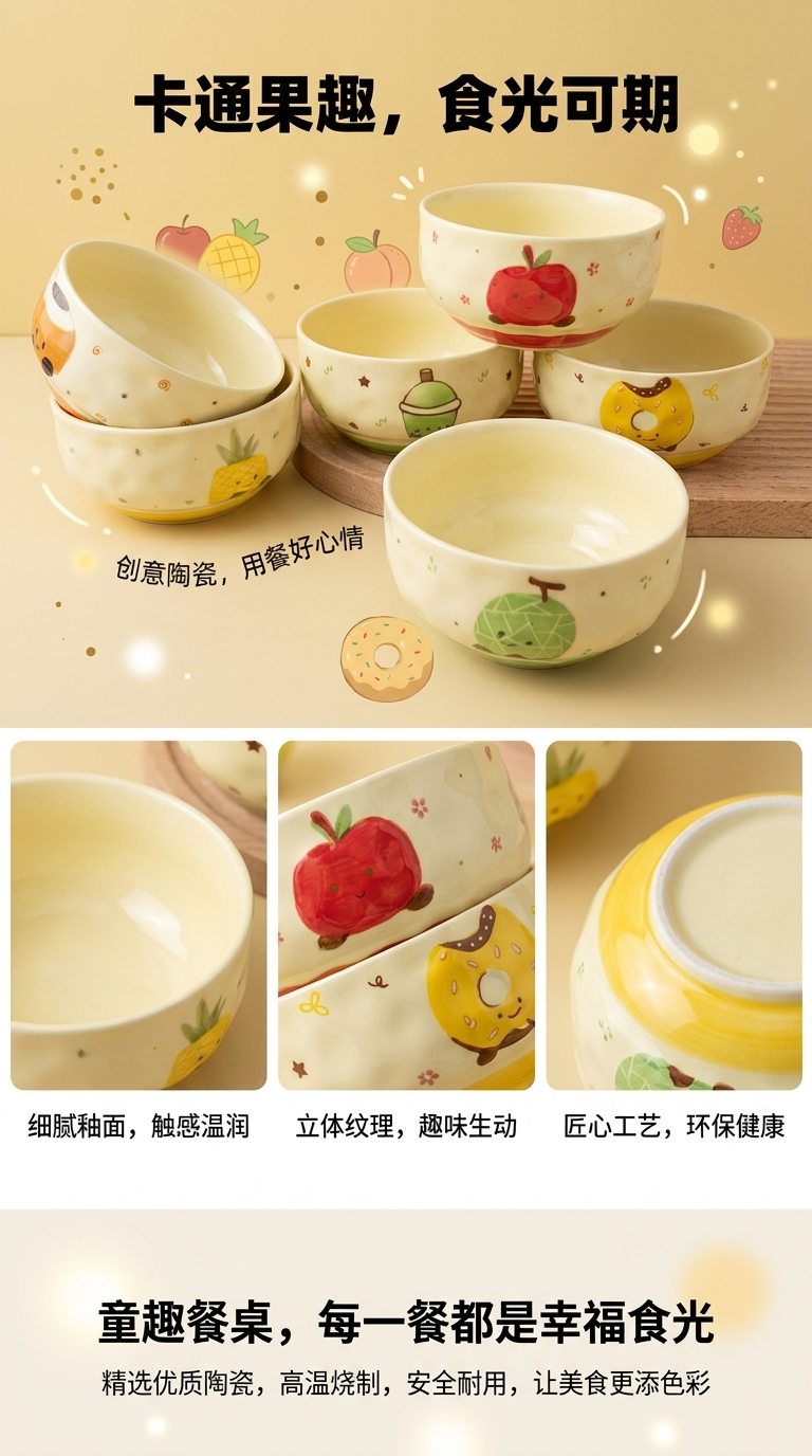 Cartoon pattern glass salad bowl, 6-inch ceramic bowl, ceramic tableware factory direct sales pic 1