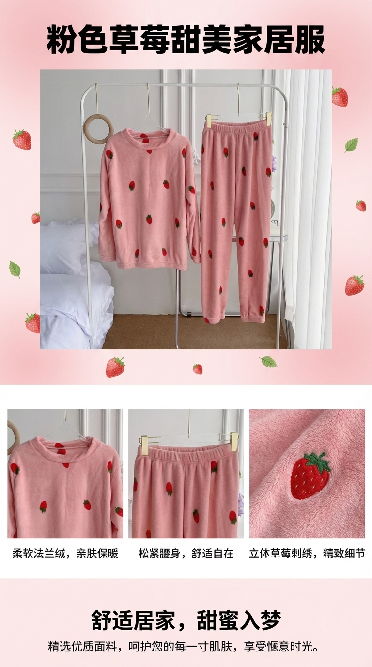 粉色草莓图案童家居服睡衣套装宝宝睡衣拉架棉儿童莫代尔棉婴幼儿分体睡衣详情1