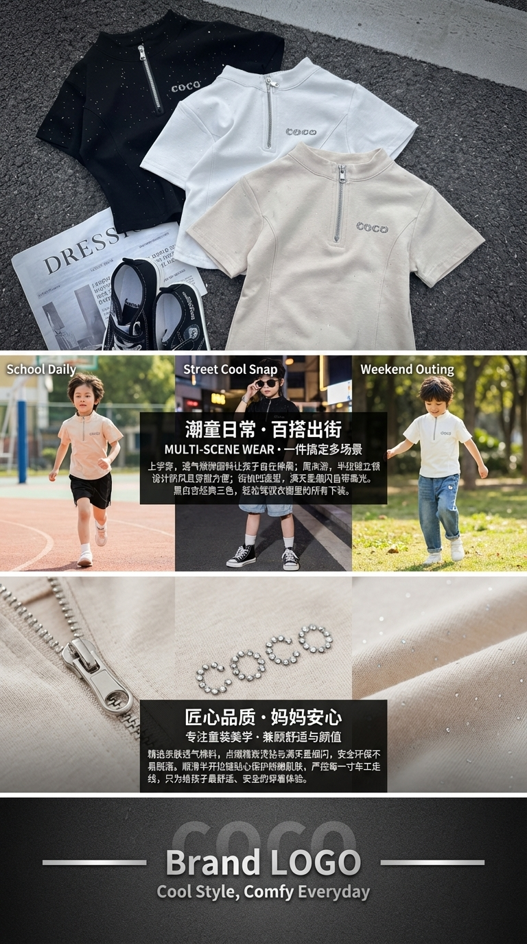 COCO三色短袖T恤拉链打底衫特大码地摊货黑白黑帆布报背景详情3