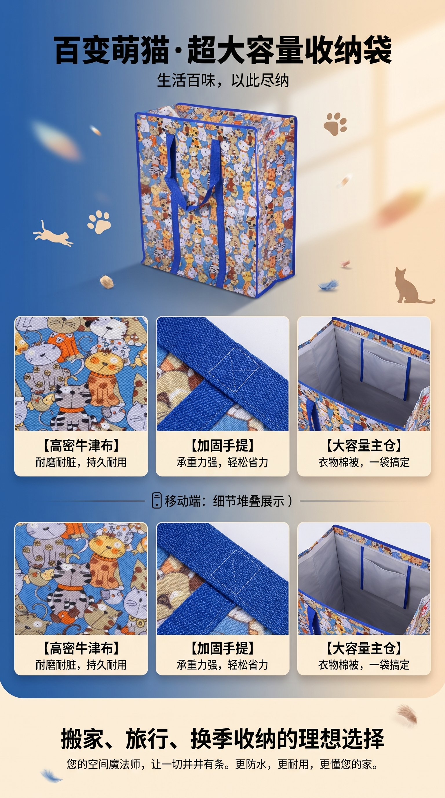 Cartoon cat pattern shopping bag, foldable, portable and eco-friendly canvas handbag pic 1