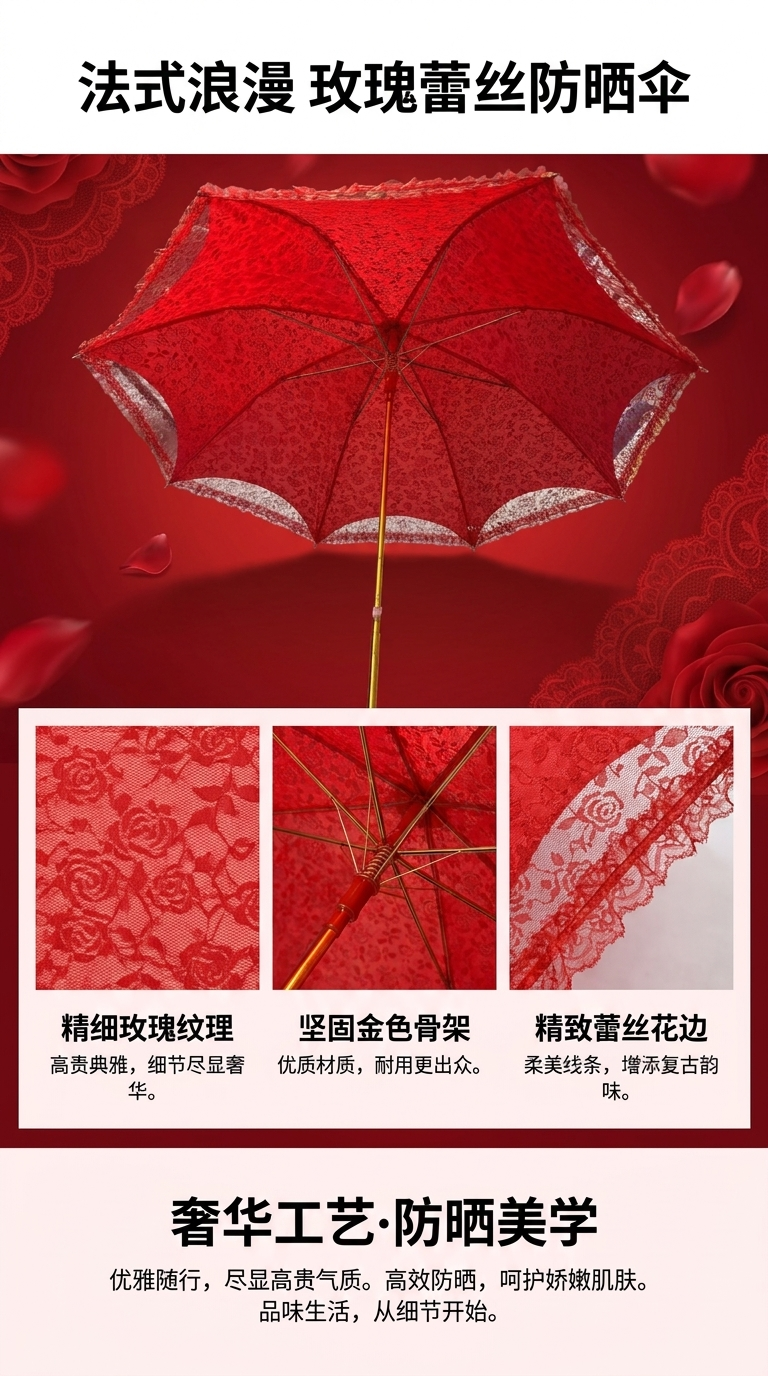 红色蕾丝伞女士优雅遮阳伞防晒防紫外线详情1