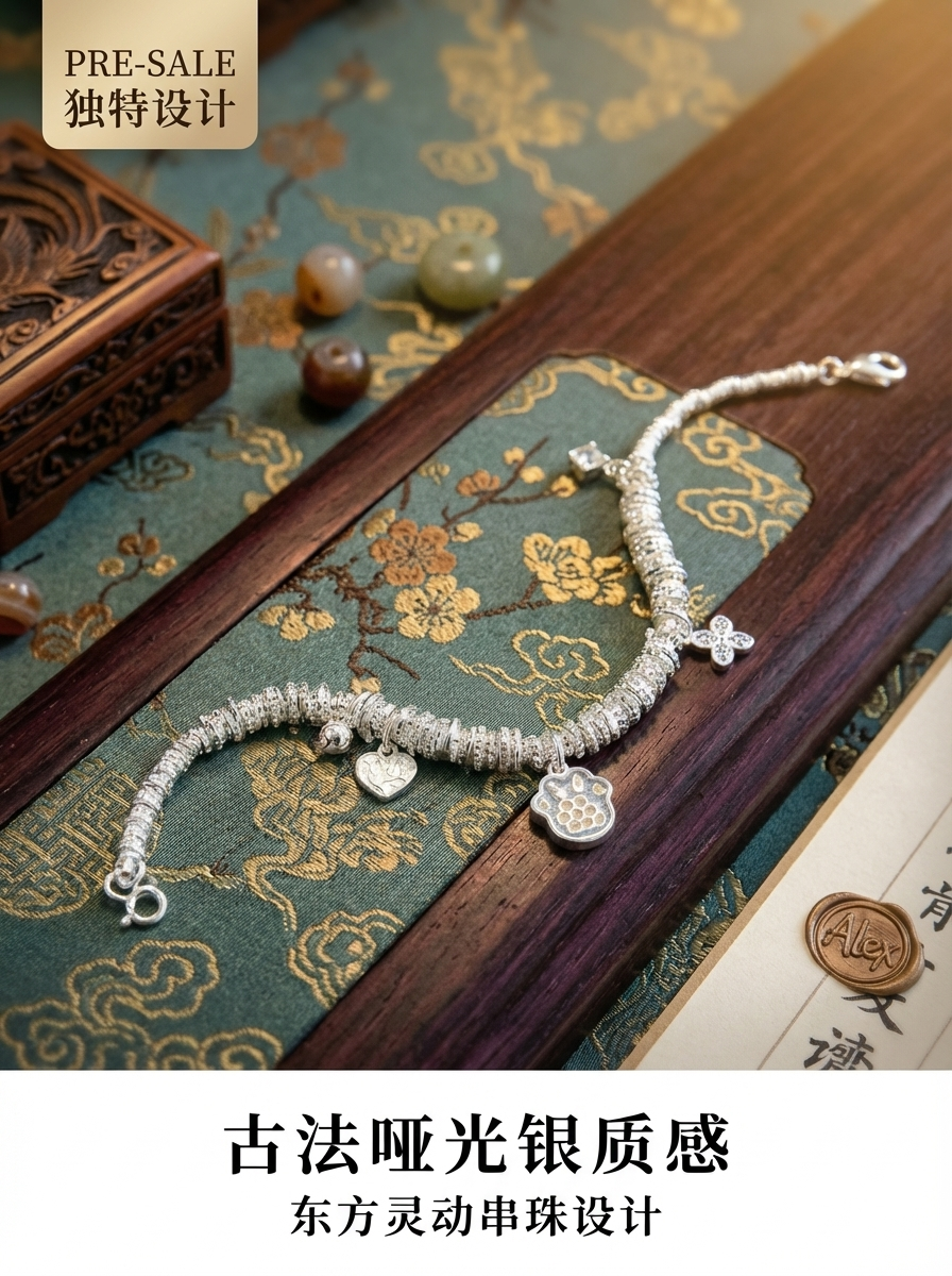 S925 Plain Silver Fashion Craftsmanship Lucky Cute Claws · Lively Cat Claws Dice Bell Beaded 925 Silver bracelet pic 1