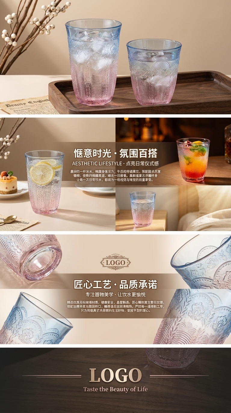 渐变色雕花玻璃杯高颜值水杯家用装饰杯简约ins风210053421详情3